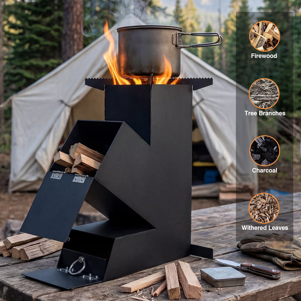 SIXDAY Rocket Stove Portable Wood Burning Stove, Heavy Duty Outdoor Cooking Stove with Steel Construction, Camping Grill for Backyard Cooking, Hiking & Emergency Preparedness