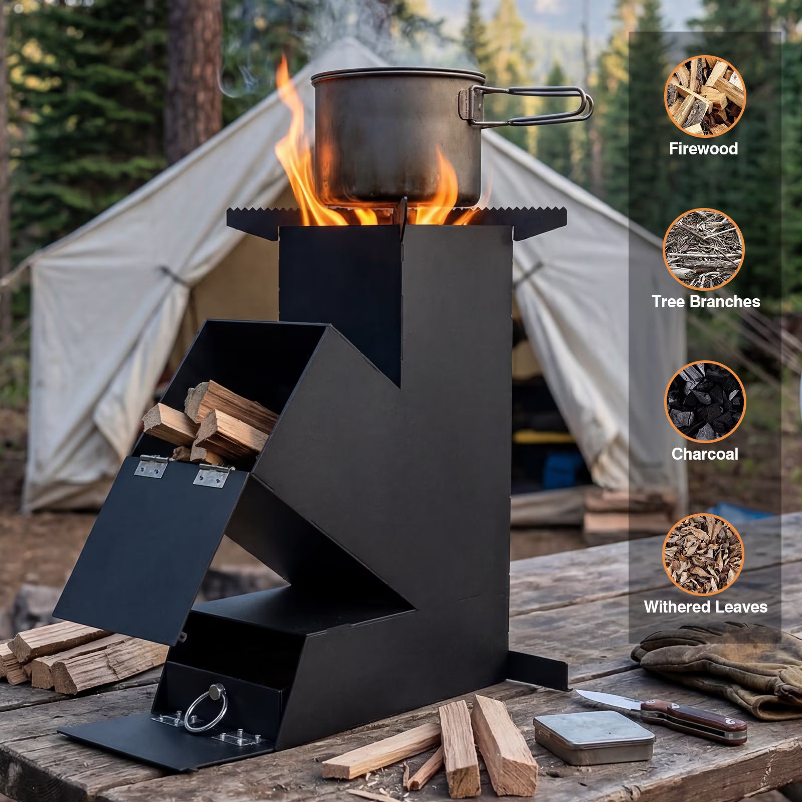 SIXDAY Rocket Stove Portable Wood Burning Stove, Heavy Duty Outdoor Cooking Stove with Steel Construction, Camping Grill for Backyard Cooking, Hiking & Emergency Preparedness