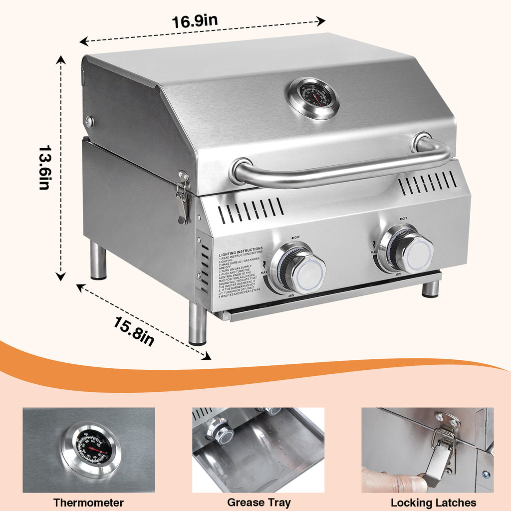 SIXDAY 2-Burner Tabletop Gas Grill, 20,000 BTU Portable Propane Grill with Stainless Steel Knobs & Heavy-Duty Grates