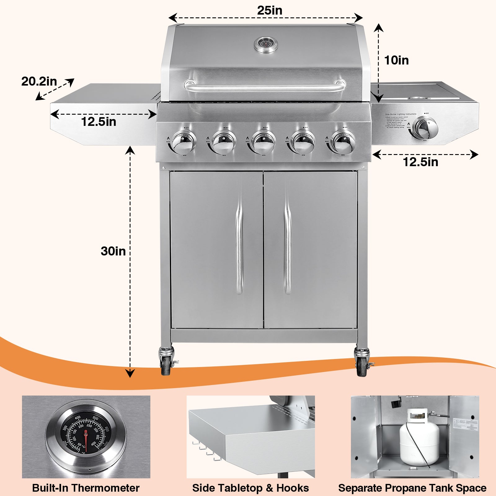 SIXDAY 68,000 BTU 5-Burner Propane Gas Grill with Side Burner, 647 sq.in Cooking Area, Stainless Steel BBQ Grill with Warming Rack and Food Clip