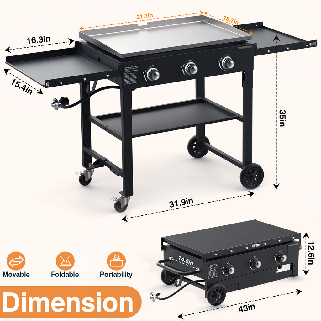 SIXDAY 45,000 BTU 3-Burner 35" Flat Top Propane Grill, Portable Outdoor Griddle with Foldable Shelves for Camping, BBQ and Tailgating