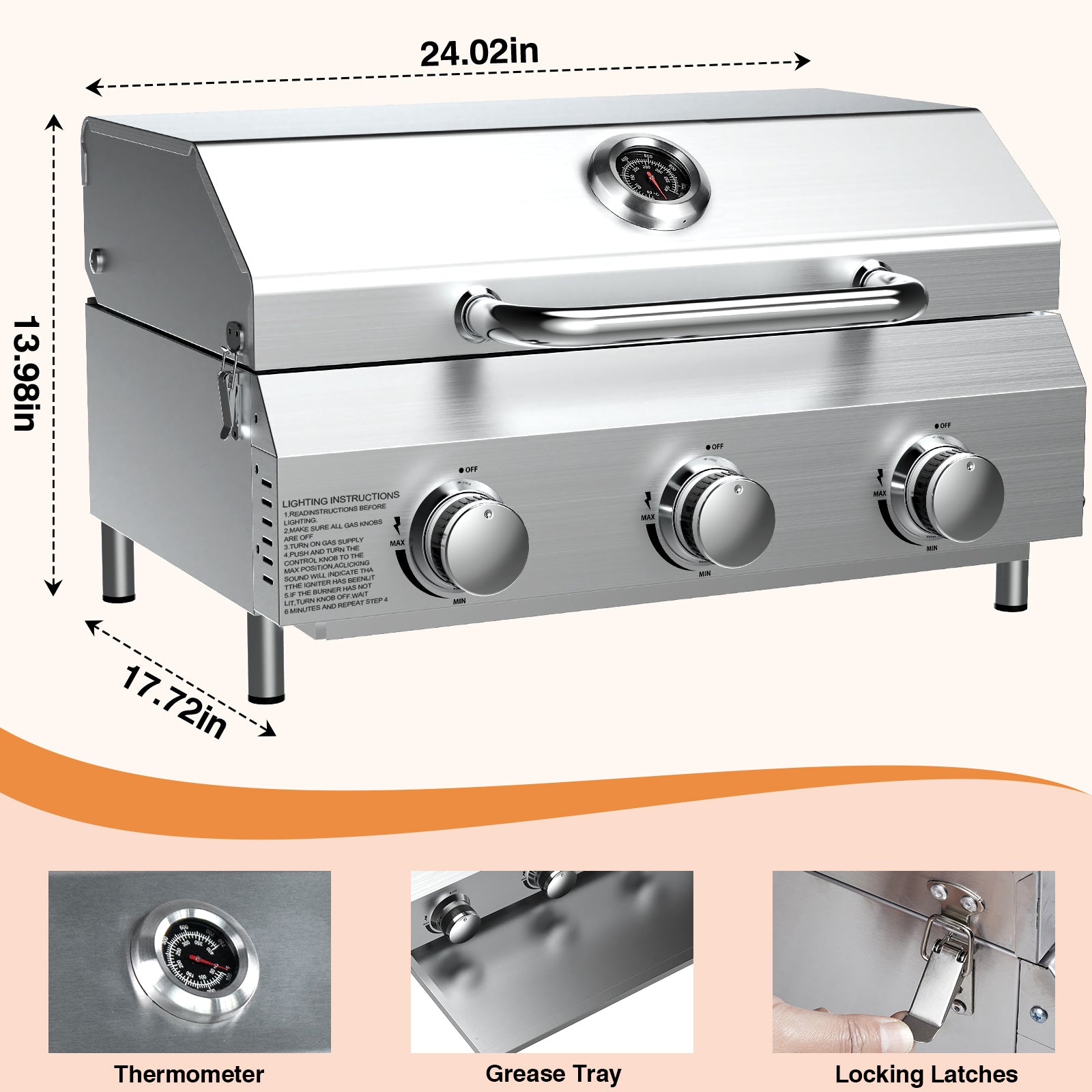 SIXDAY 3-Burner Tabletop Gas Grill, 30,000 BTU Portable Propane Grill with Stainless Steel Knobs & Heavy-Duty Grates