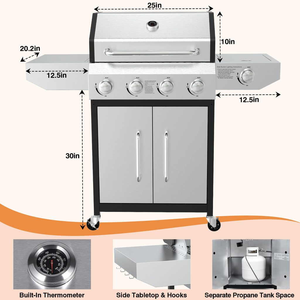 SIXDAY 4-Burner Gas Grill with Side Burner, 60,000 BTU Stainless Steel Propane BBQ Grill, Outdoor Flat Top Grill with Wheels and Side Shelves (No ratings yet)