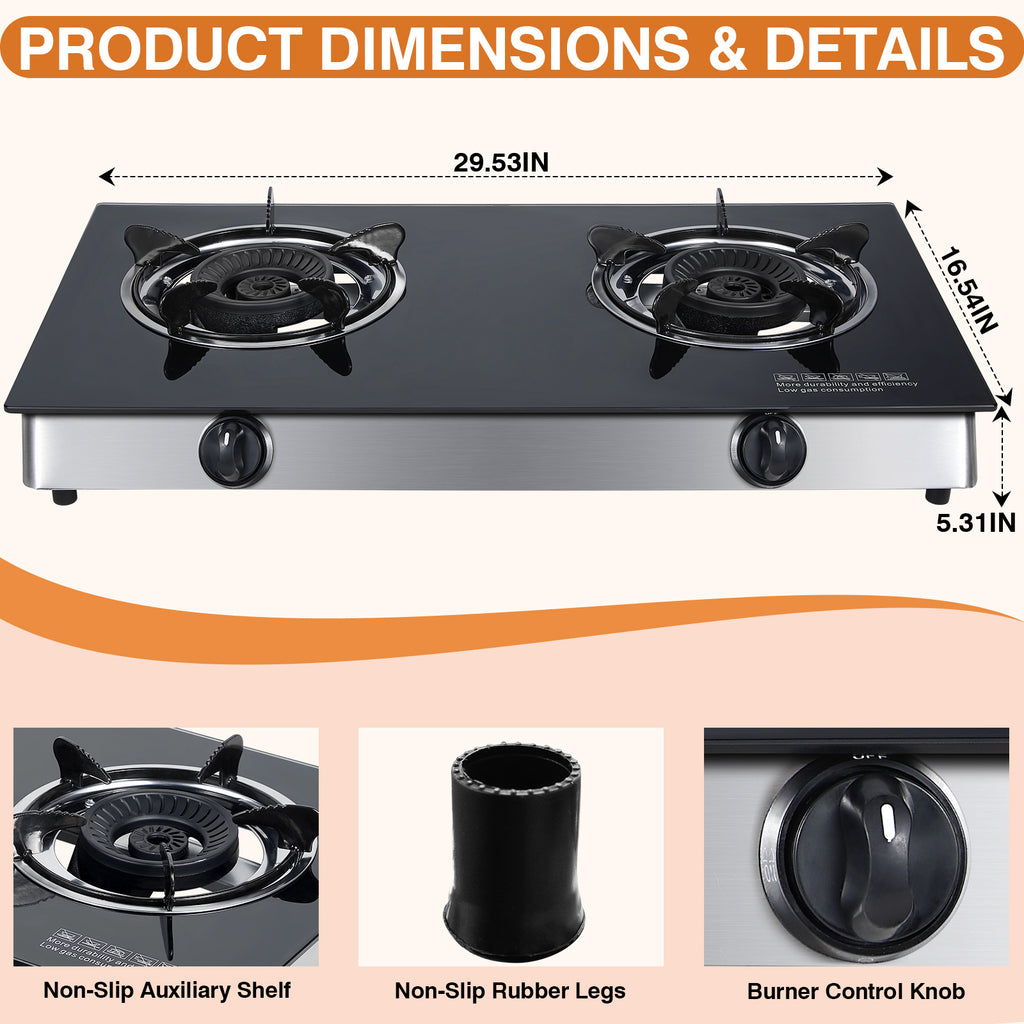 SIXDAY 2 Burner Propane Gas Cooktop, 19,000 BTU Portable Tempered Glass Stove with Auto Ignition, CSA Regulator & Hose