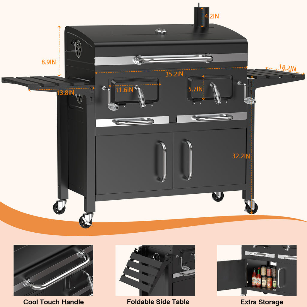 SIXDAY Extra Large Charcoal Grill with Dual Adjustable Charcoal Trays, 3 Enamel Cooking Grates, Chrome Warming Rack, 4 Wheels & Foldable Side Tables, Outdoor BBQ Smoker