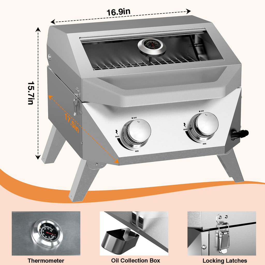 SIXDAY 2-Burner Tabletop Gas Grill with Viewing Glass Lid, 20,000 BTU Portable BBQ Grill with Thermometer and Push-Button Ignition for Camping, RV, Patio, Tailgating