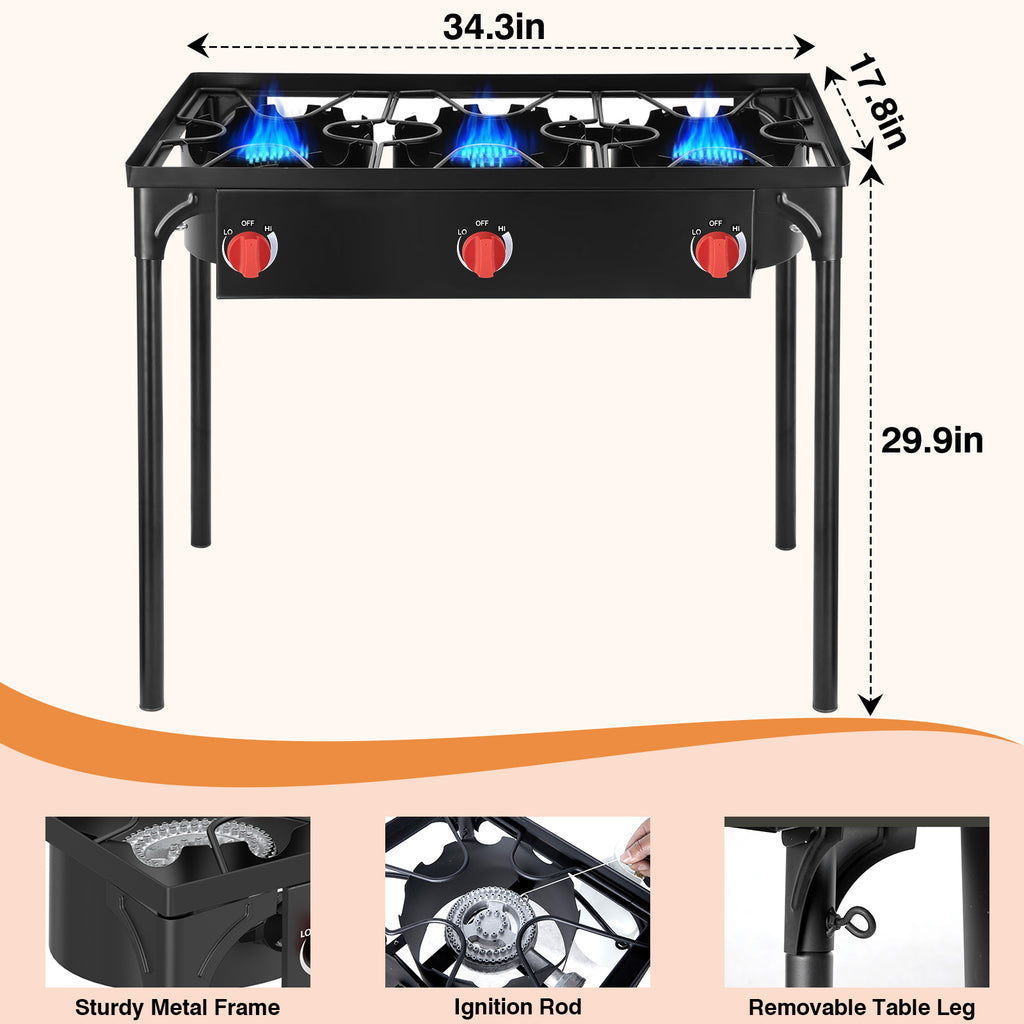 SIXDAY 3-Burner 225,000 BTU Propane Outdoor Stove with Removable Legs and Portable Design for Outdoor Cooking