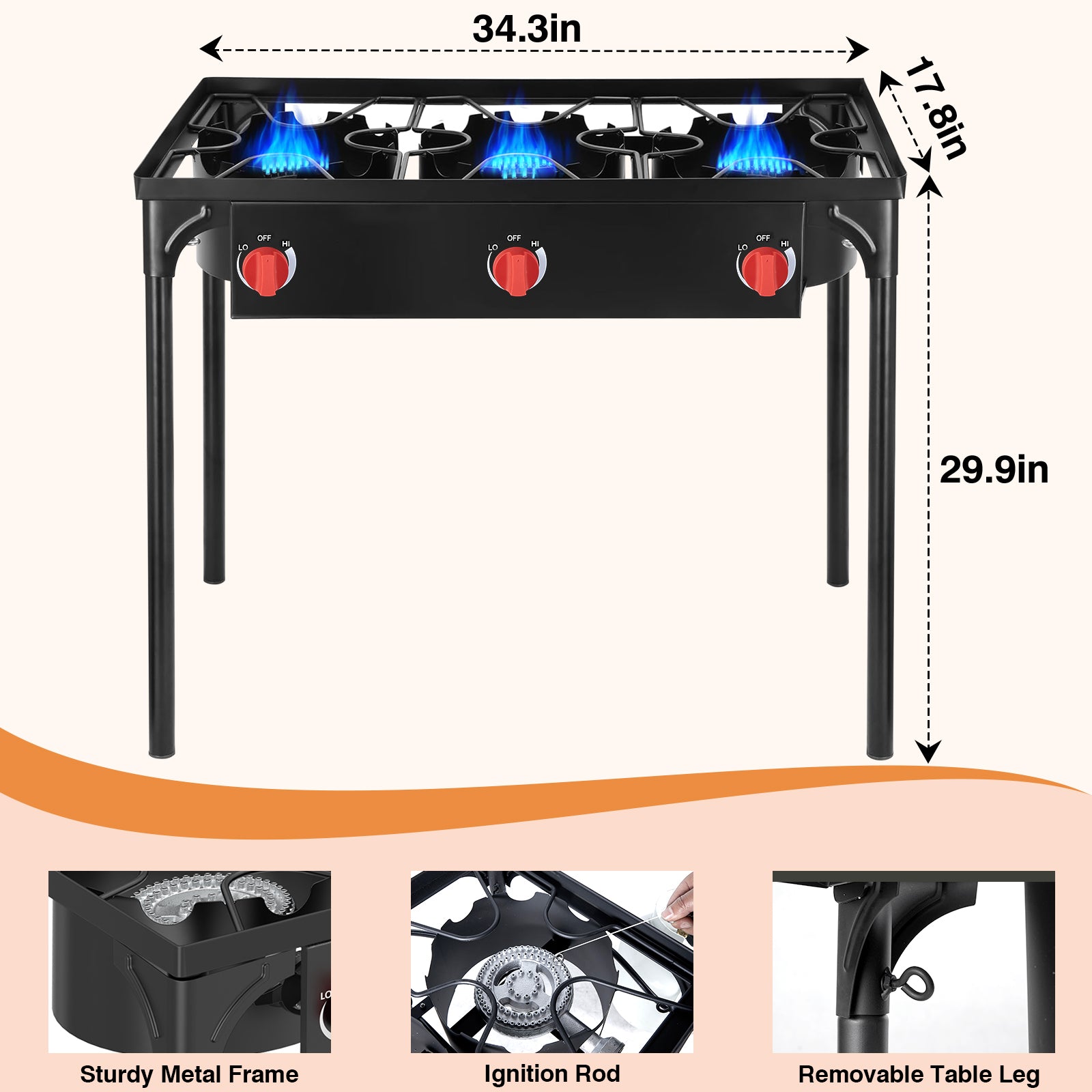 SIXDAY 3-Burner 225,000 BTU Propane Outdoor Stove with Removable Legs and Portable Design for Outdoor Cooking