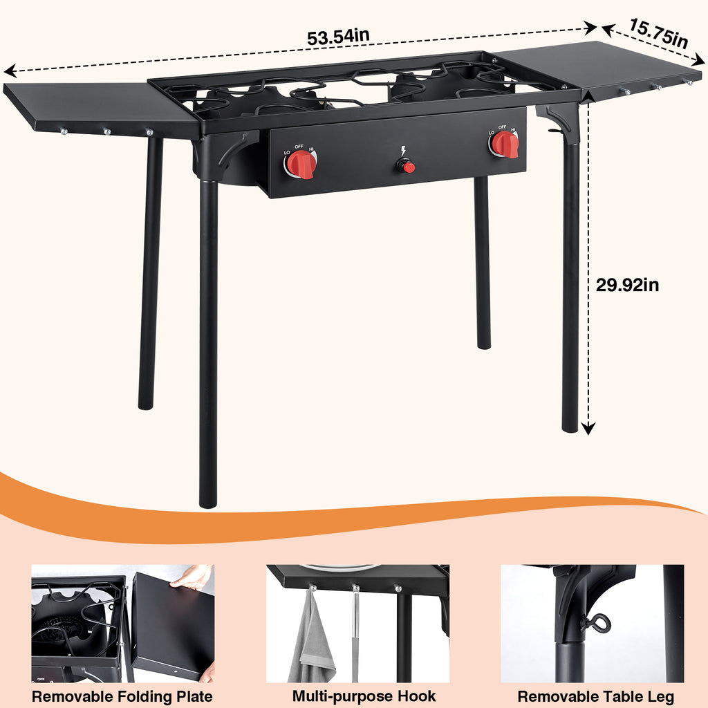 SIXDAY 2-Burner Propane Gas Outdoor Stove with Side Shelves, Auto Ignition, Removable Legs & Regulator, 150,000 BTU