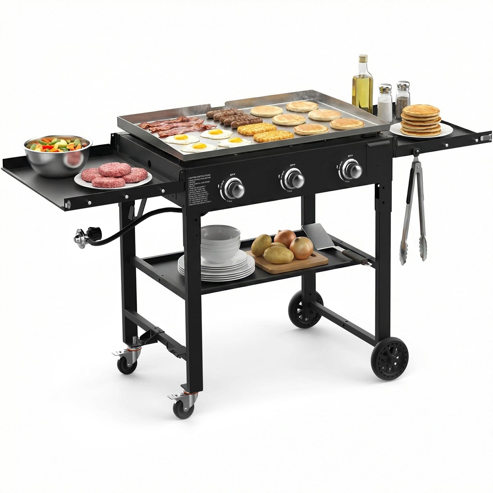 SIXDAY 45,000 BTU 3-Burner 35" Flat Top Propane Grill, Portable Outdoor Griddle with Foldable Shelves for Camping, BBQ and Tailgating
