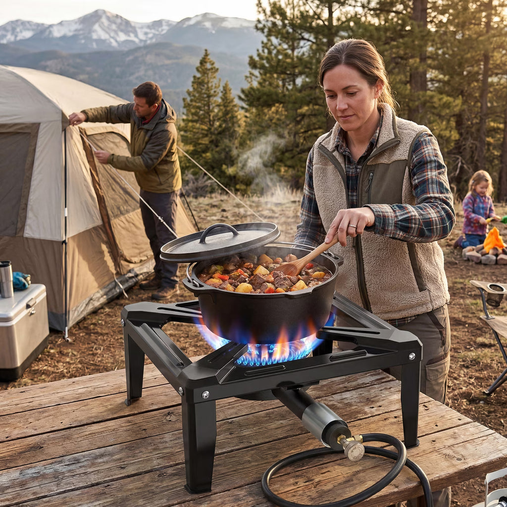 SIXDAY 80,000 BTU Portable Propane Stove, Single Burner Outdoor Cooker with 16" Steel Cooktop, Adjustable Regulator & 4.1ft Hose, Compact Gas Stove for Camping, Picnic & Backyard Cooking
