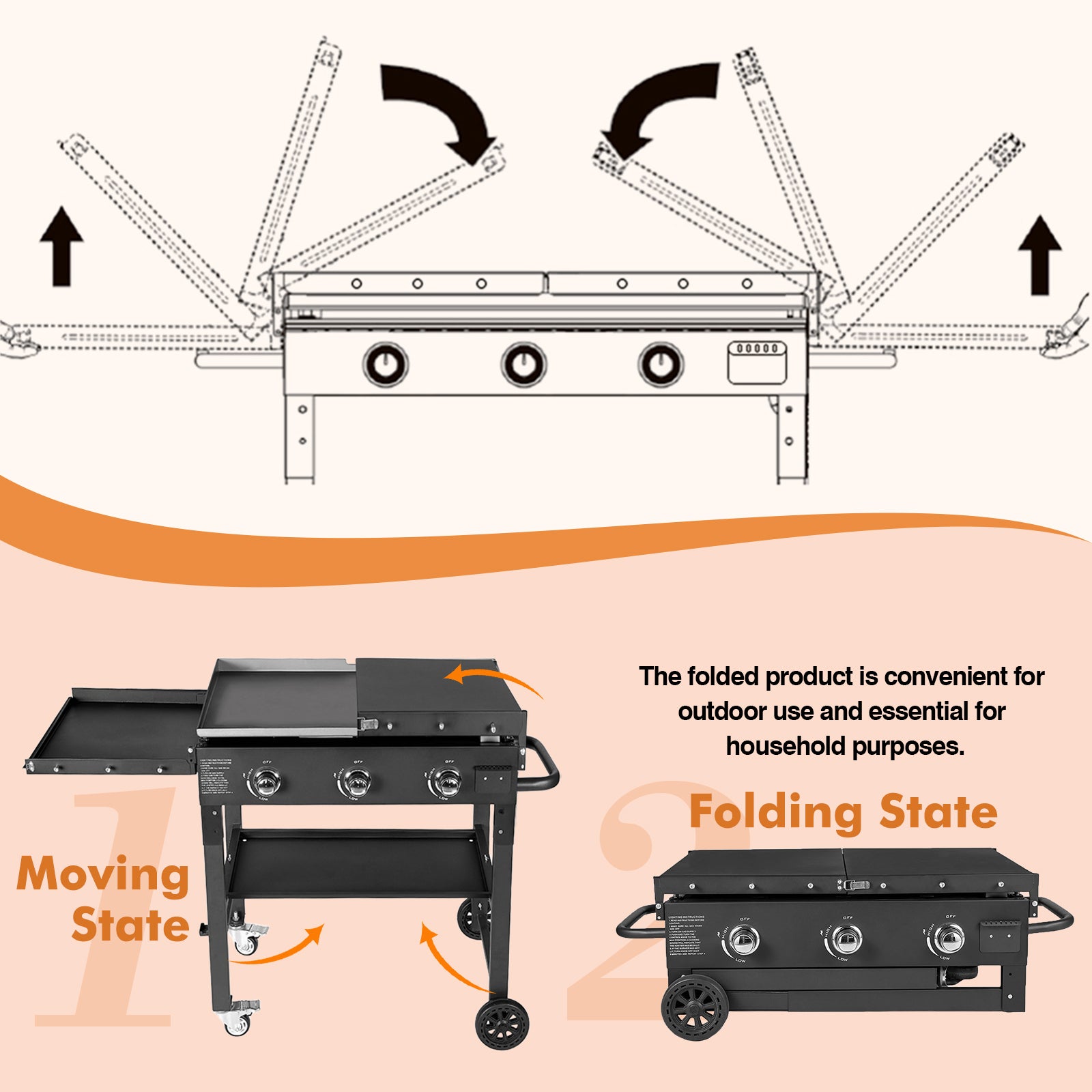 SIXDAY 45,000 BTU 3-Burner 35" Flat Top Propane Grill, Portable Outdoor Griddle with Foldable Shelves for Camping, BBQ and Tailgating