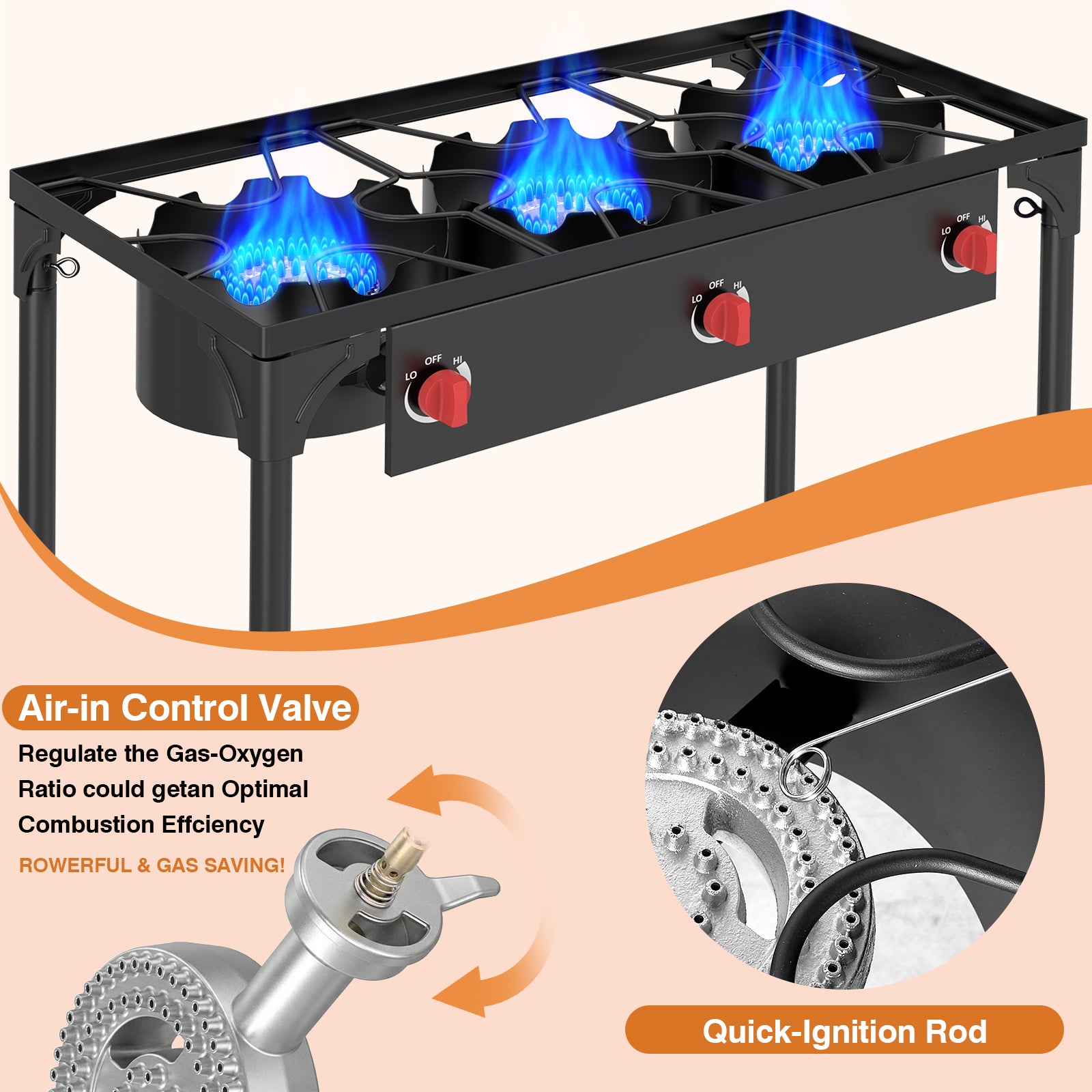 SIXDAY 3-Burner 225,000 BTU Propane Outdoor Stove with Removable Legs and Portable Design for Outdoor Cooking
