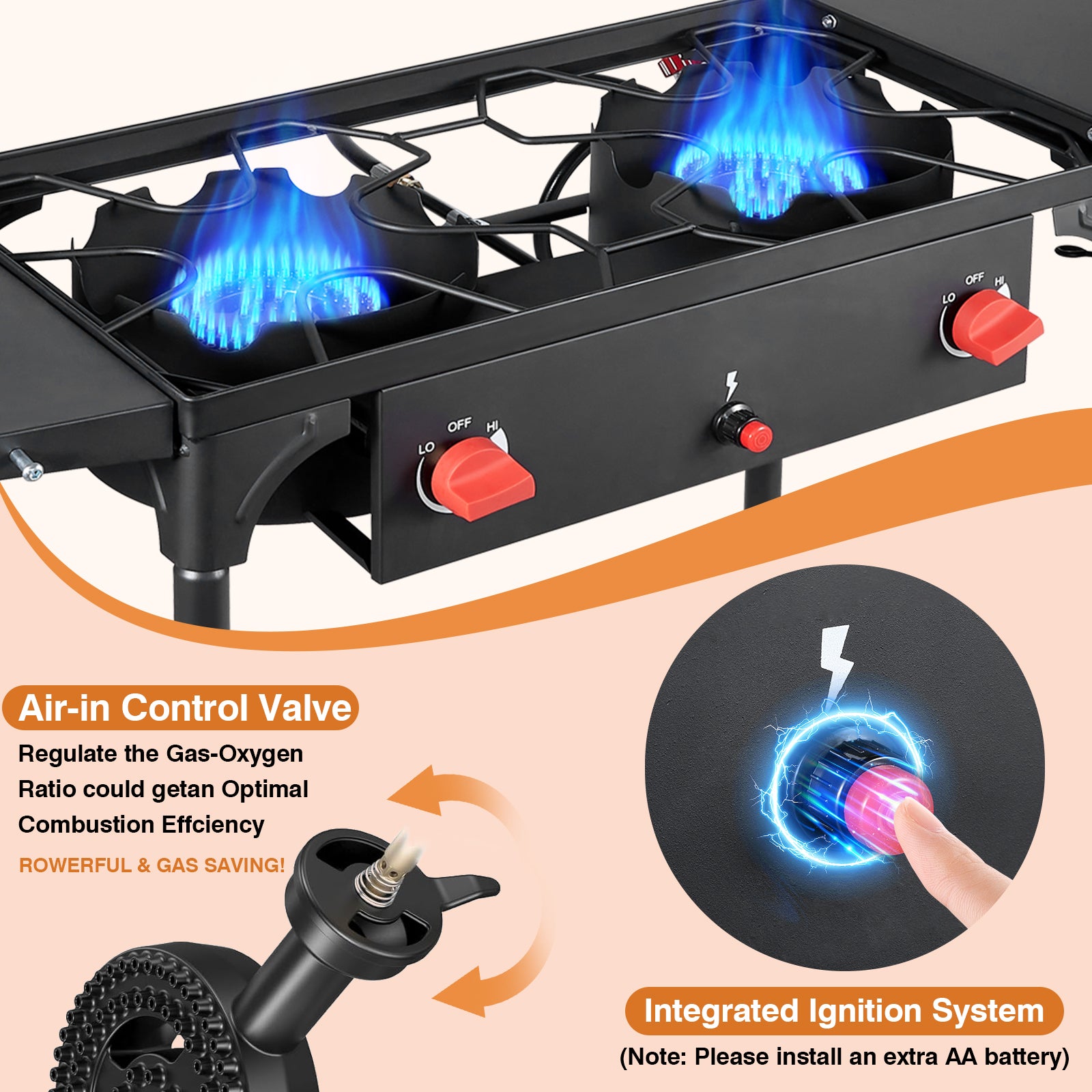 SIXDAY 2-Burner Propane Gas Outdoor Stove with Side Shelves, Auto Ignition, Removable Legs & Regulator, 150,000 BTU
