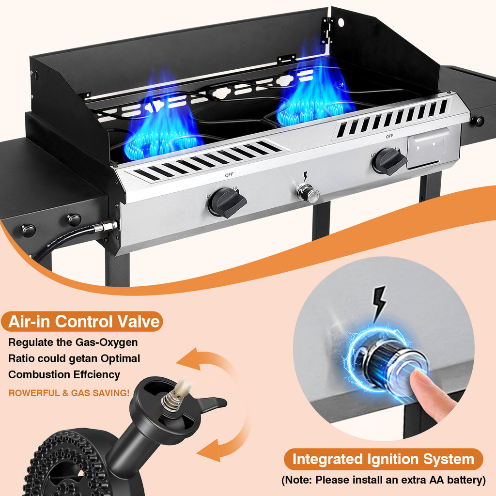 SIXDAY 150,000 BTU 2-Burner Outdoor Gas Stove with Side Shelves & Wind Panel, Regulator, and All-Terrain Wheels for Easy Mobility