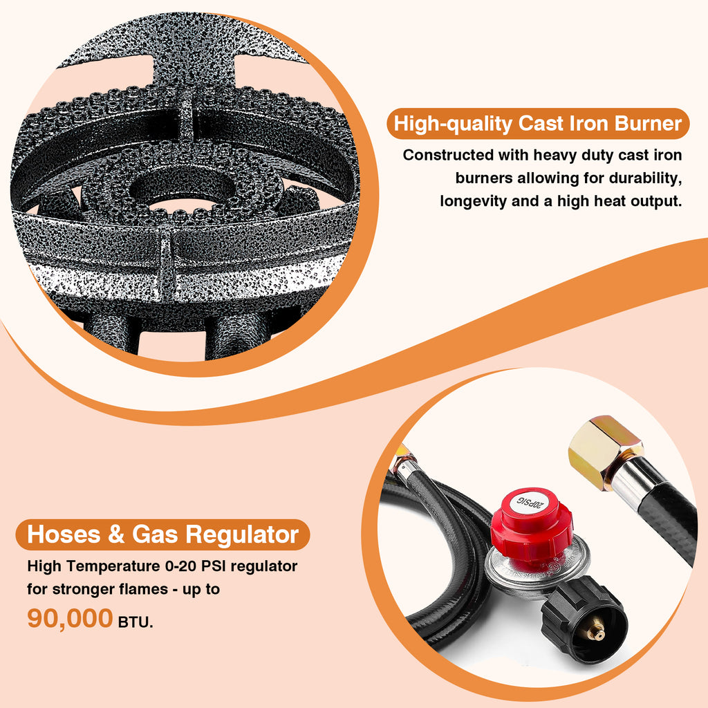 SIXDAY 1 Propane Burner Stove, 90,000 BTU Gas Stove with 0-20 PSI Regulator, Cast Iron Wok, Portable for Outdoor Cooking