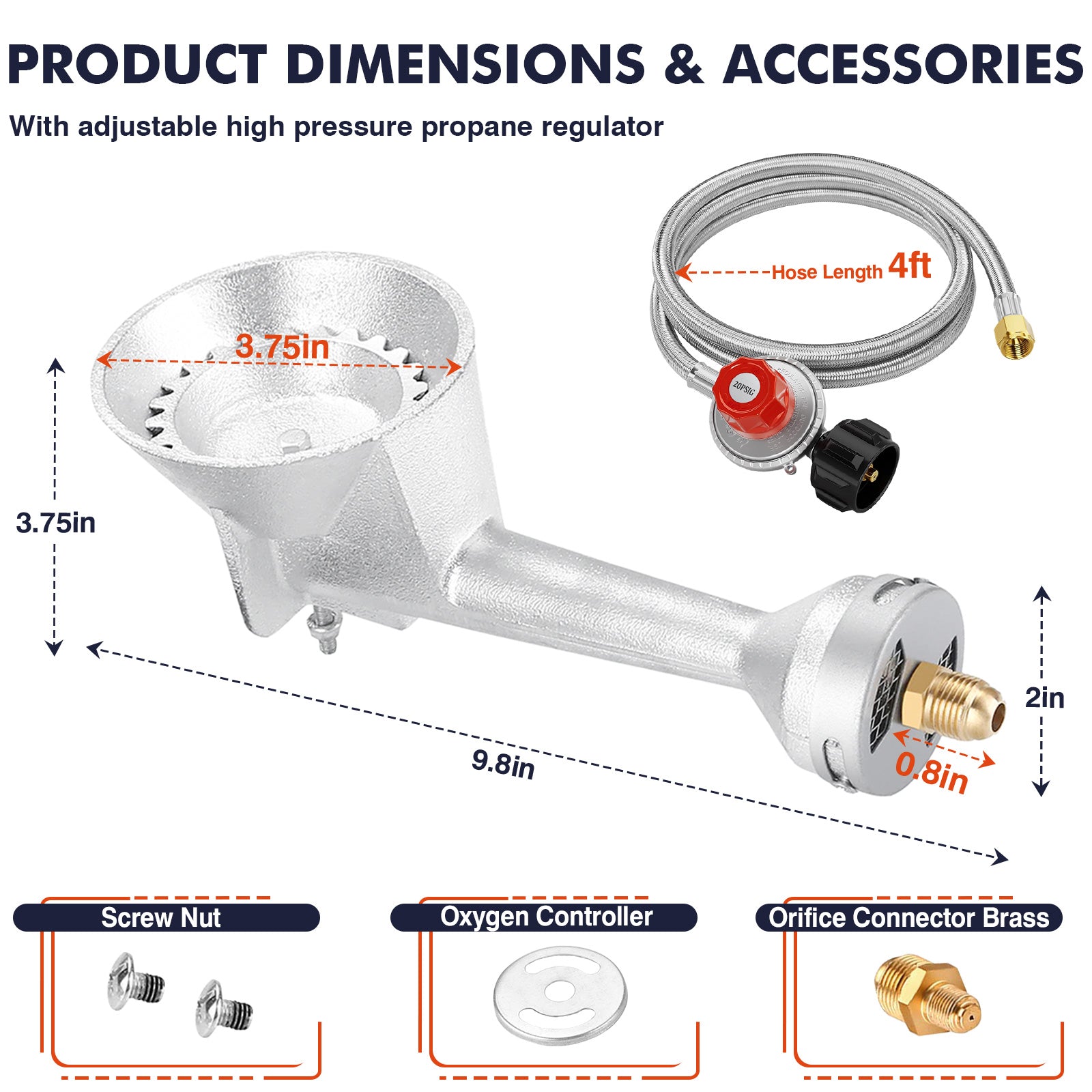 SIXDAY High Pressure Burner Head, 0-20 PSI Adjustable Regulator, 4.1ft Hose & Brass Fitting for Outdoor Cooking, Camping, Brewing & BBQ