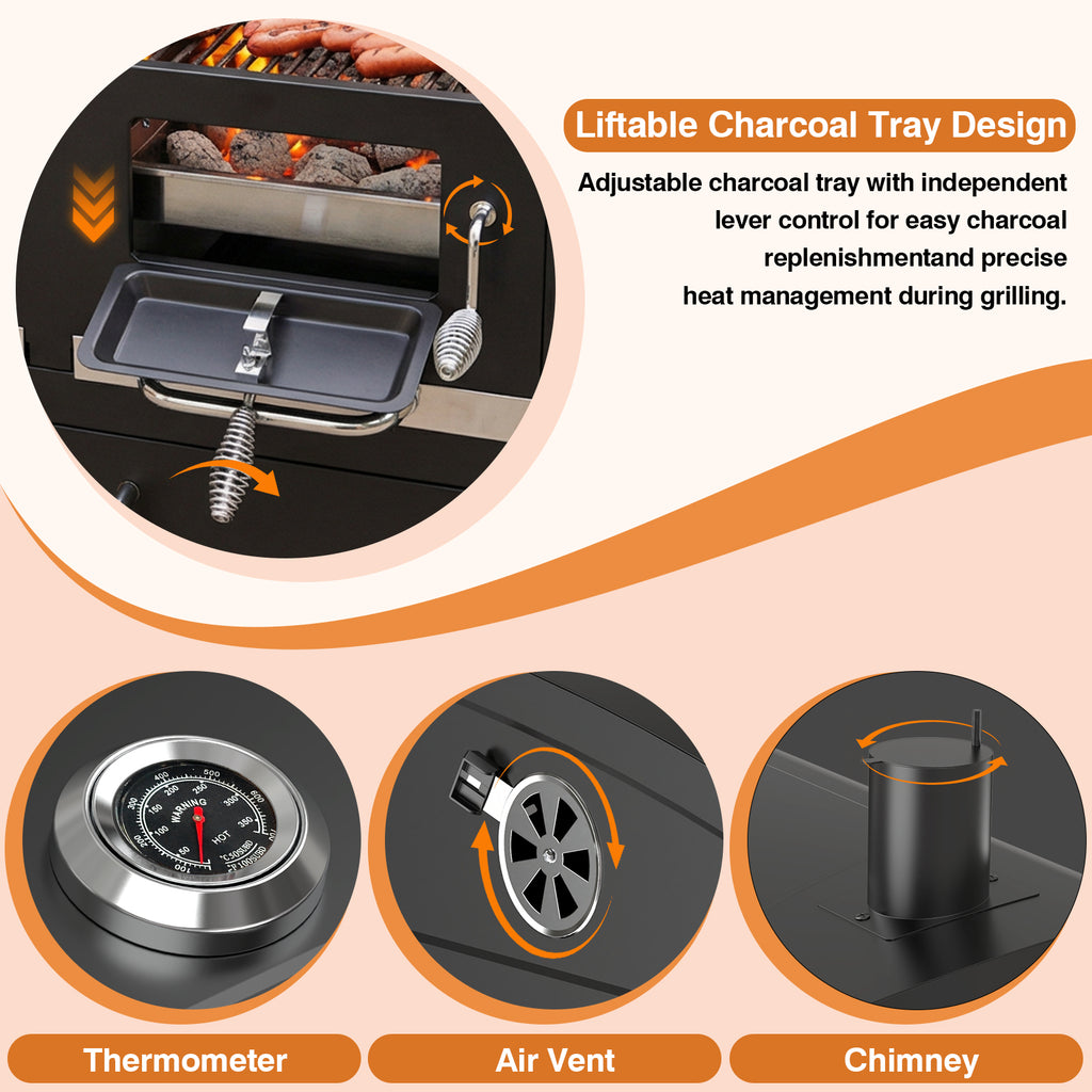 SIXDAY Extra Large Charcoal Grill with Dual Adjustable Charcoal Trays, 3 Enamel Cooking Grates, Chrome Warming Rack, 4 Wheels & Foldable Side Tables, Outdoor BBQ Smoker