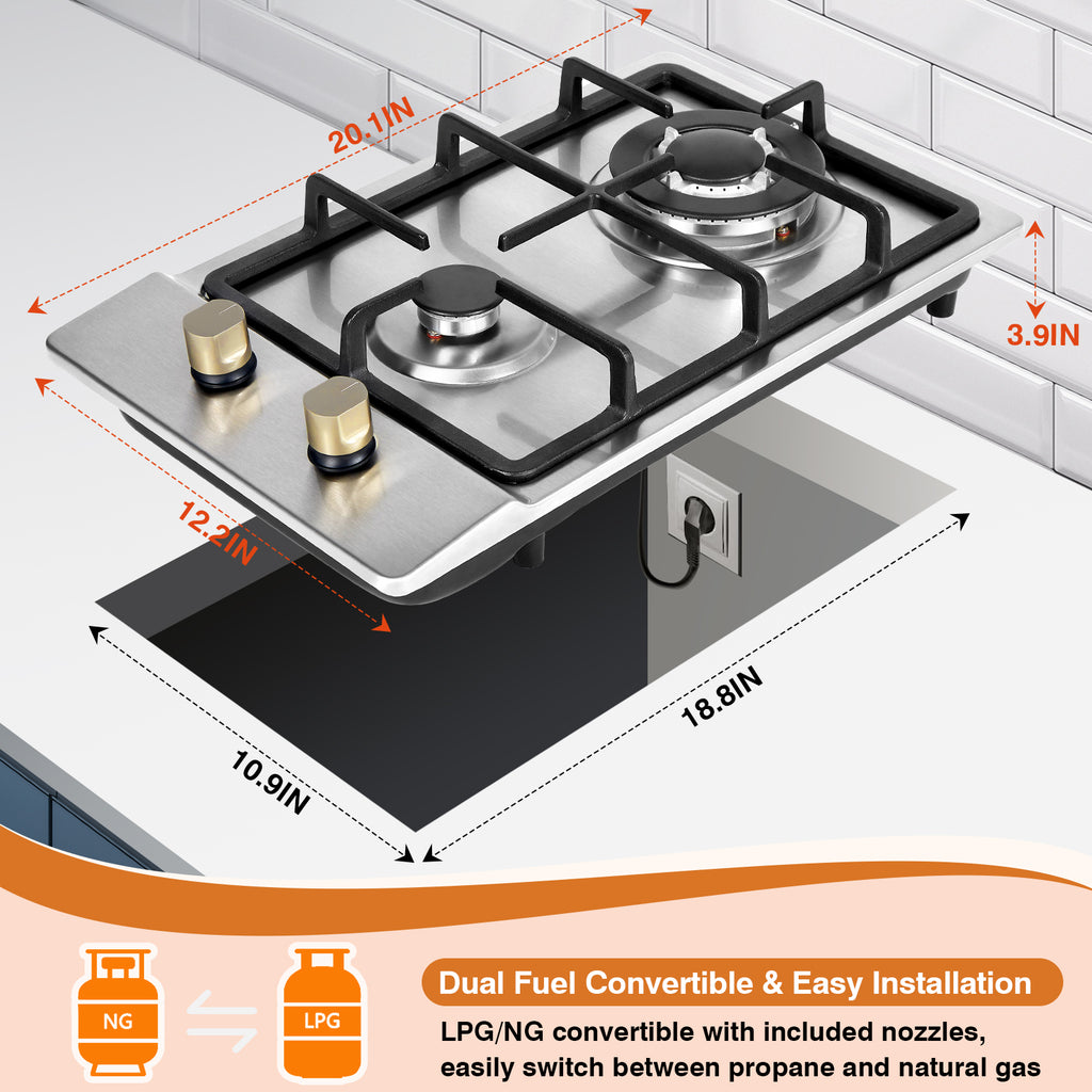 SIXDAY 2 Burner Cooktop 12inch, 19,000 BTU Portable Tempered Glass Propane Gas Stove with Auto Ignition, CSA Regulator & Hose