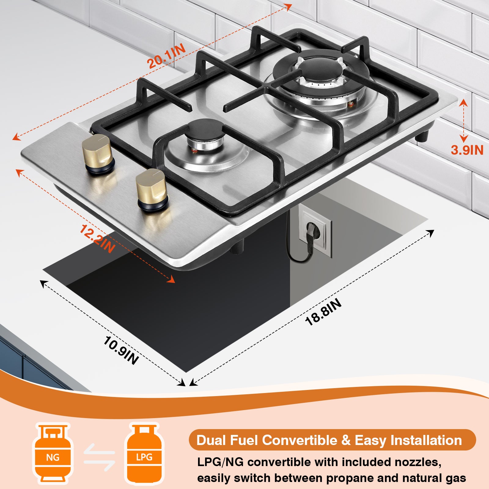 SIXDAY 2 Burner Cooktop 12inch, 19,000 BTU Portable Tempered Glass Propane Gas Stove with Auto Ignition, CSA Regulator & Hose