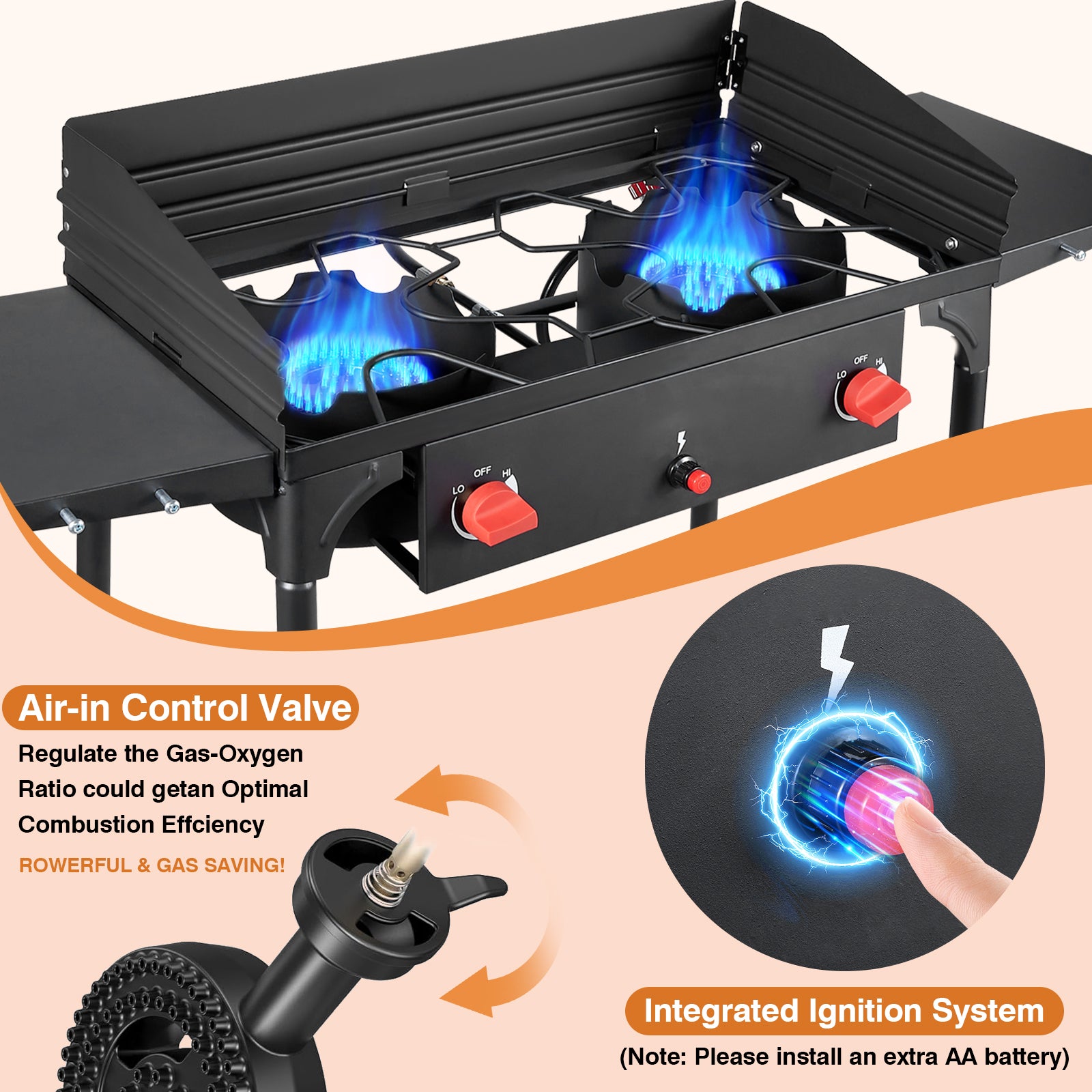 SIXDAY 2 Burner Gas Stove with Wind Panel & Side Sleeve, 150,000 BTU, Removable Legs & Auto Ignition Button, Carrying Bag