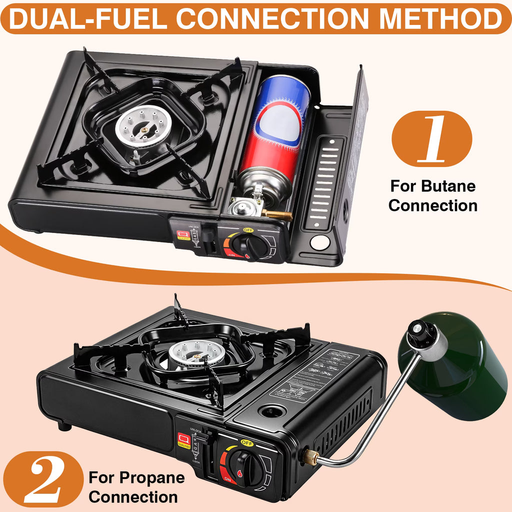 SIXDAY Portable Dual Fuel Camping Stove, 10,000 BTU Butane & Propane Single Burner with Adapter and Carry Case for Outdoor Cooking, Camping, Tailgating & Emergency Use