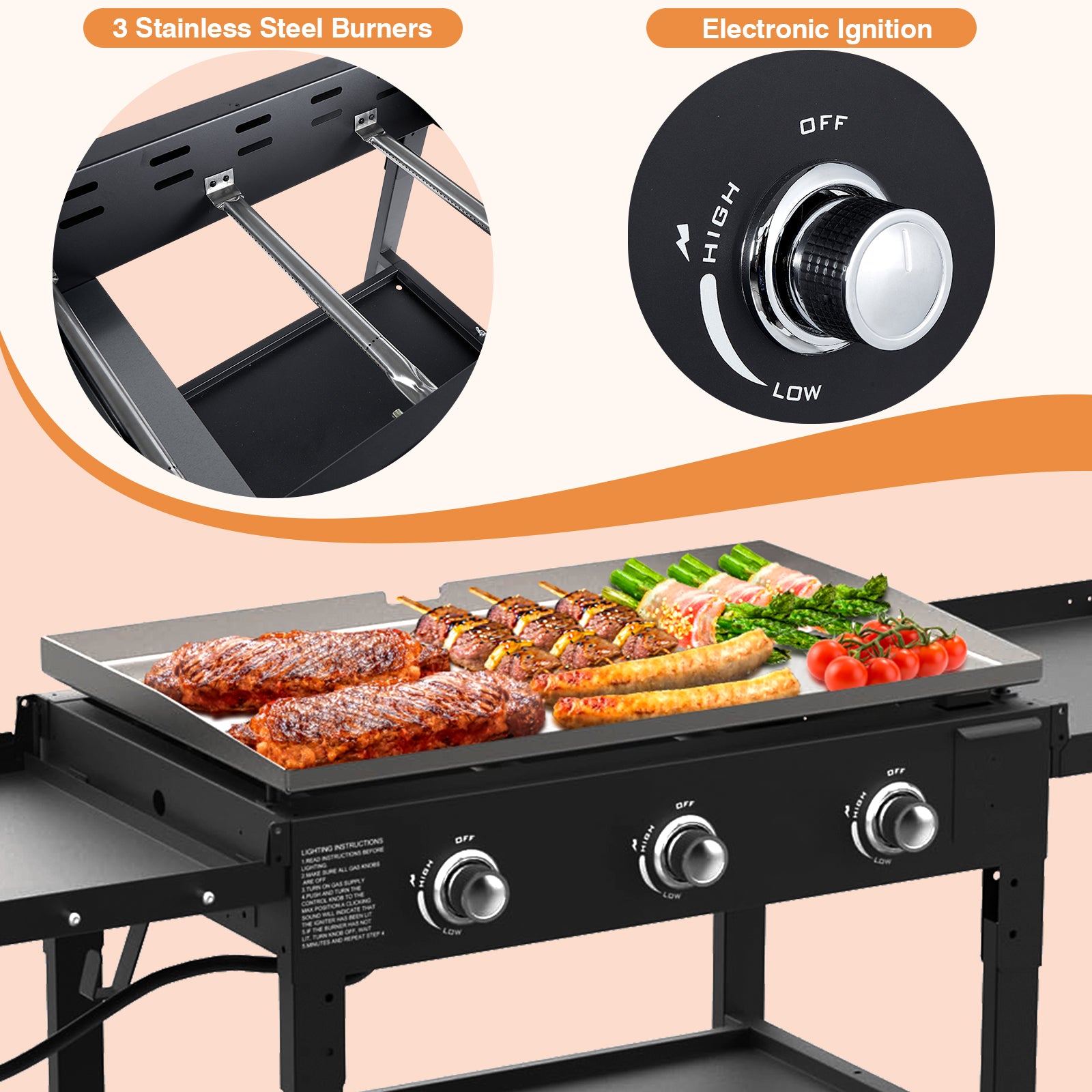 SIXDAY 45,000 BTU 3-Burner 35" Flat Top Propane Grill, Portable Outdoor Griddle with Foldable Shelves for Camping, BBQ and Tailgating
