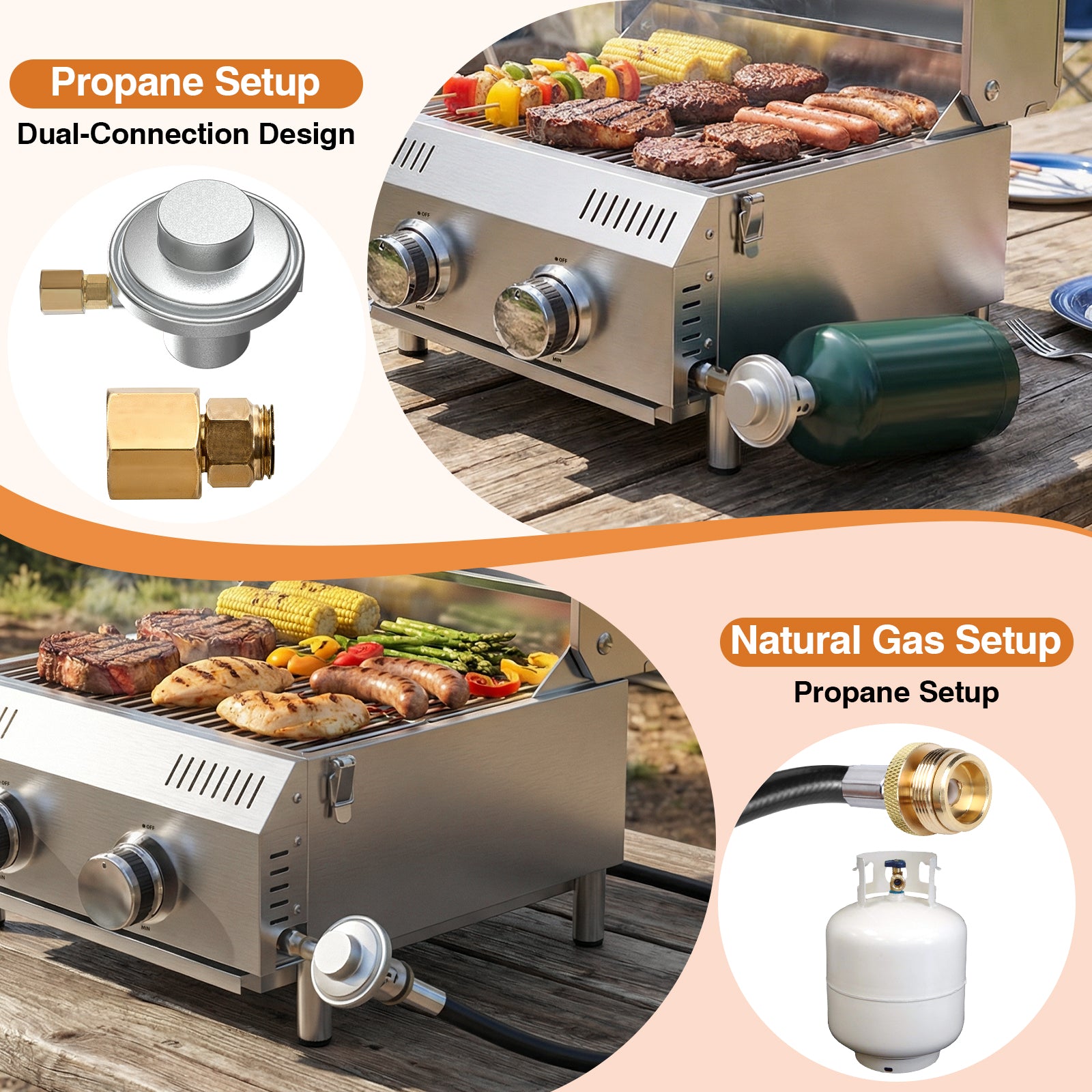 SIXDAY 2-Burner Propane Gas Grill, 20,000 BTU Stainless Steel Tabletop BBQ Grill with Dual Fuel Adapter for Outdoor, Camping & RV Cooking