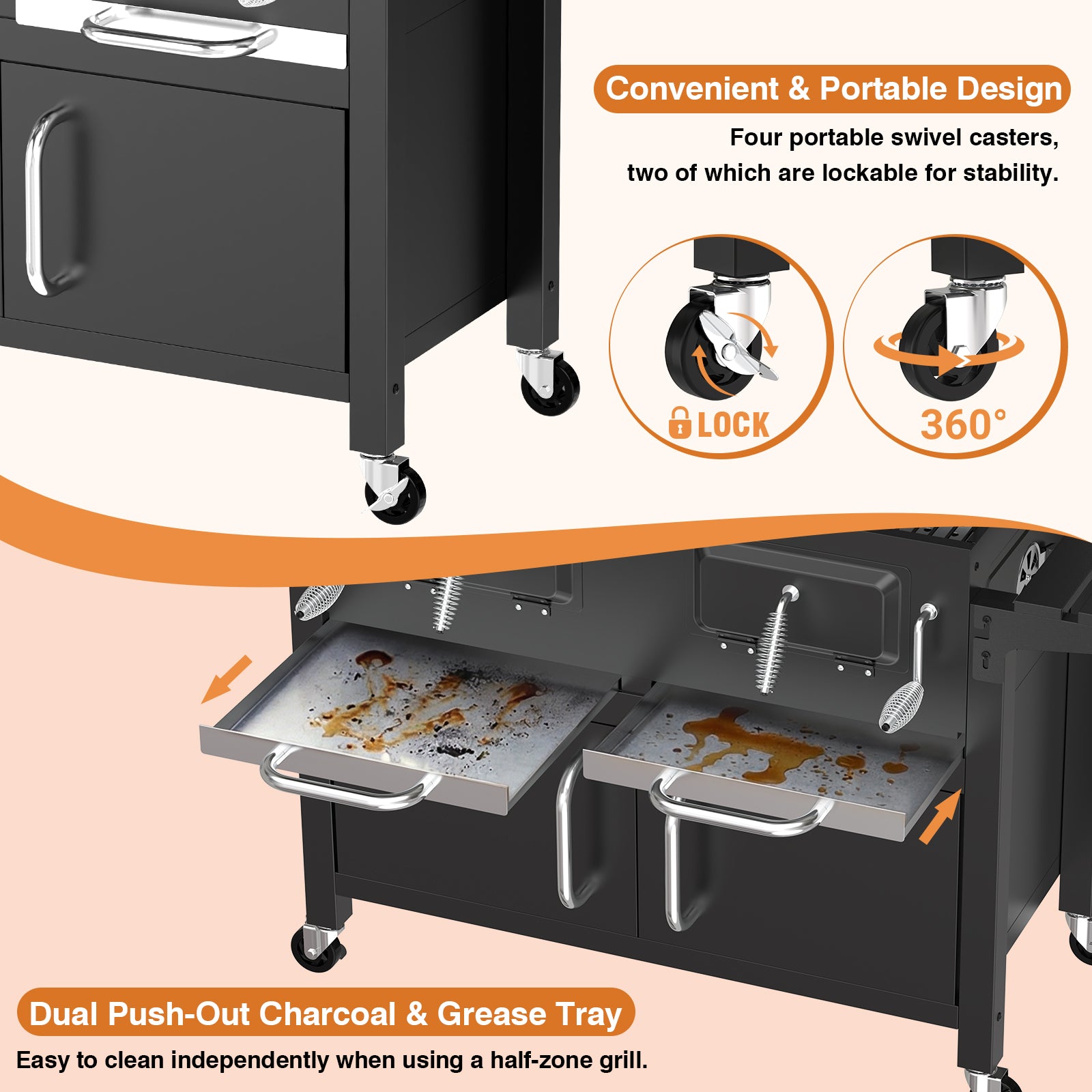 SIXDAY Extra Large Charcoal Grill with Dual Adjustable Charcoal Trays, 3 Enamel Cooking Grates, Chrome Warming Rack, 4 Wheels & Foldable Side Tables, Outdoor BBQ Smoker