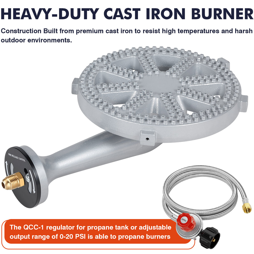 SIXDAY 11.2" Burner Head High Pressure, 200, 000 BTU Cast Iron Burner, 4.1ft Hose & Brass Fitting (Round)
