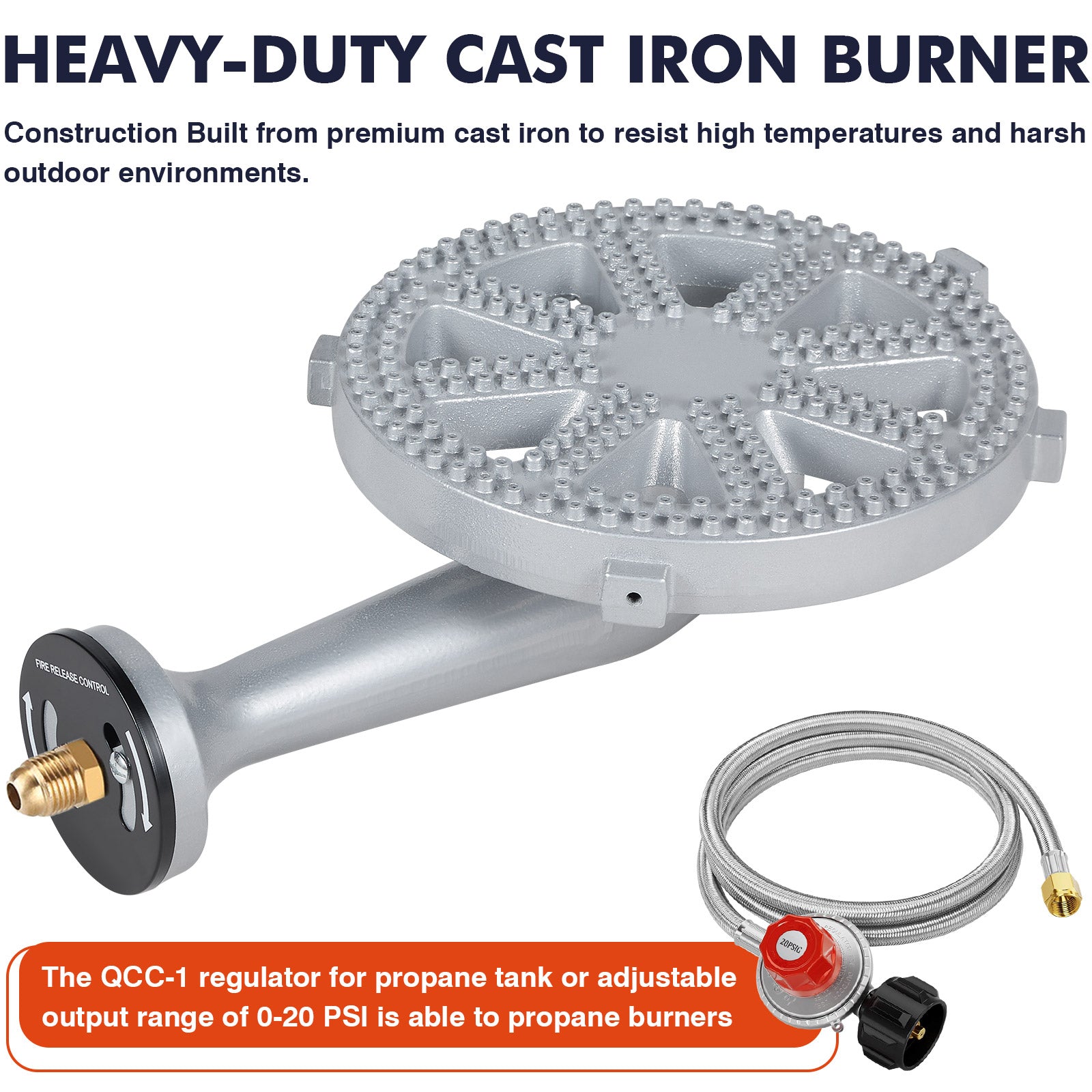 SIXDAY 11.2" Burner Head High Pressure, 200, 000 BTU Cast Iron Burner, 4.1ft Hose & Brass Fitting (Round)