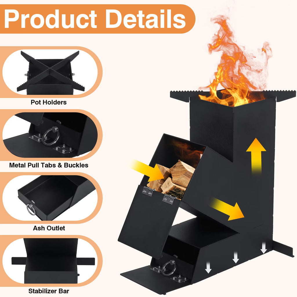 SIXDAY Rocket Stove Portable Wood Burning Stove, Heavy Duty Outdoor Cooking Stove with Steel Construction, Camping Grill for Backyard Cooking, Hiking & Emergency Preparedness