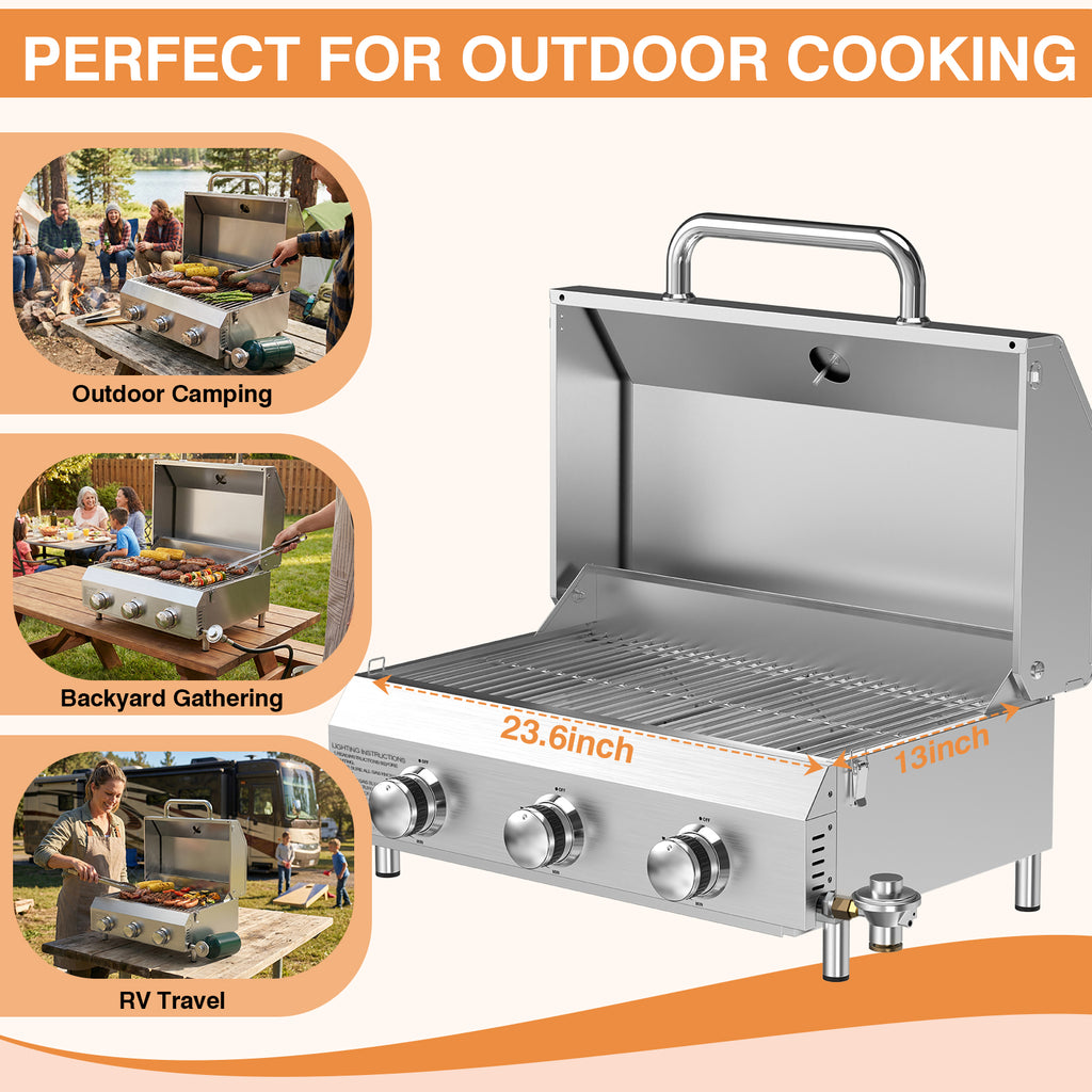 SIXDAY Portable 3-Burner Gas BBQ Grill with Dual Fuel Adapter, 22,500 BTU Stainless Steel Tabletop Grill for Outdoor Cooking, Camping & RV