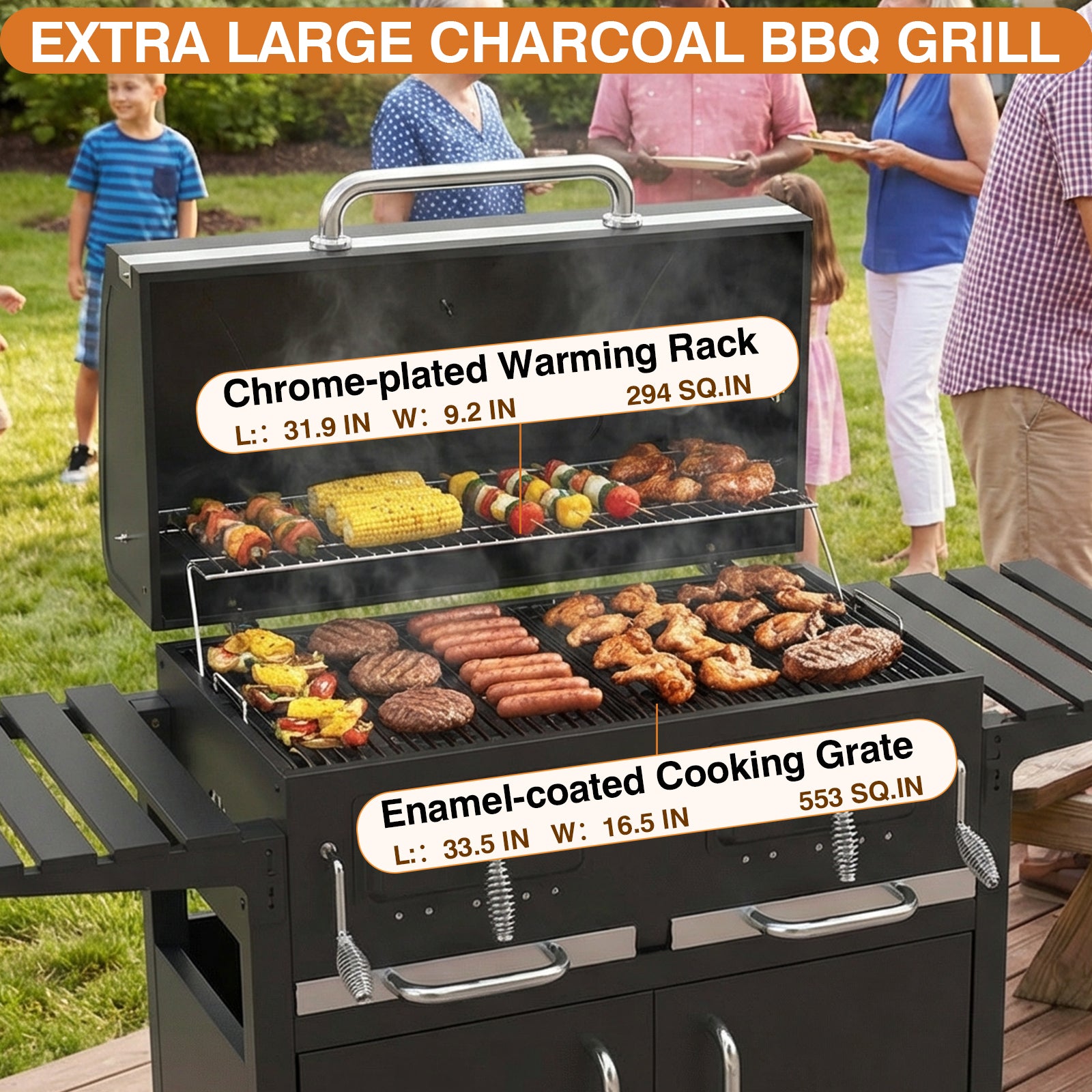SIXDAY Extra Large Charcoal Grill with Dual Adjustable Charcoal Trays, 3 Enamel Cooking Grates, Chrome Warming Rack, 4 Wheels & Foldable Side Tables, Outdoor BBQ Smoker