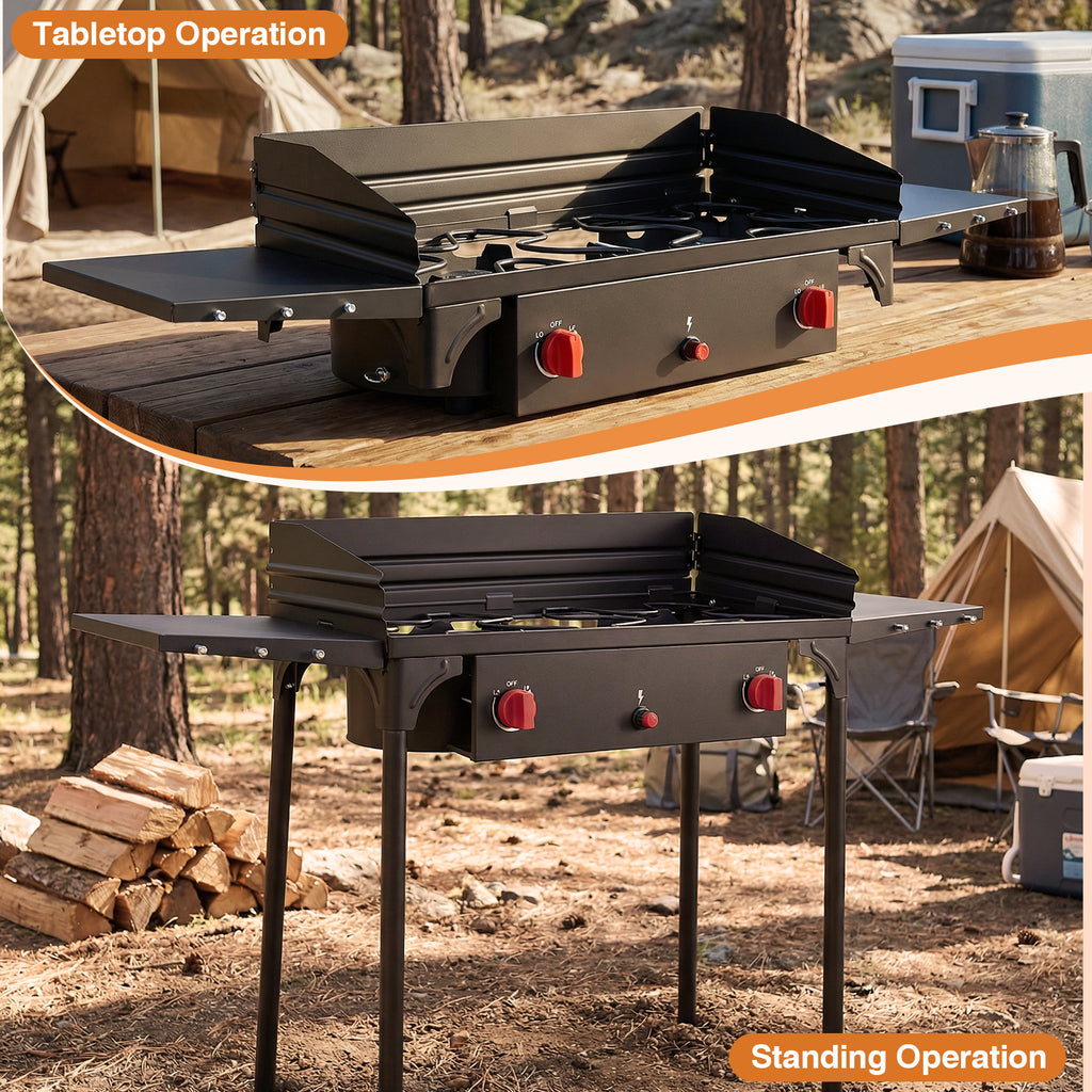 SIXDAY 2 Burner Gas Stove with Wind Panel & Side Sleeve, 150,000 BTU, Removable Legs & Auto Ignition Button, Carrying Bag