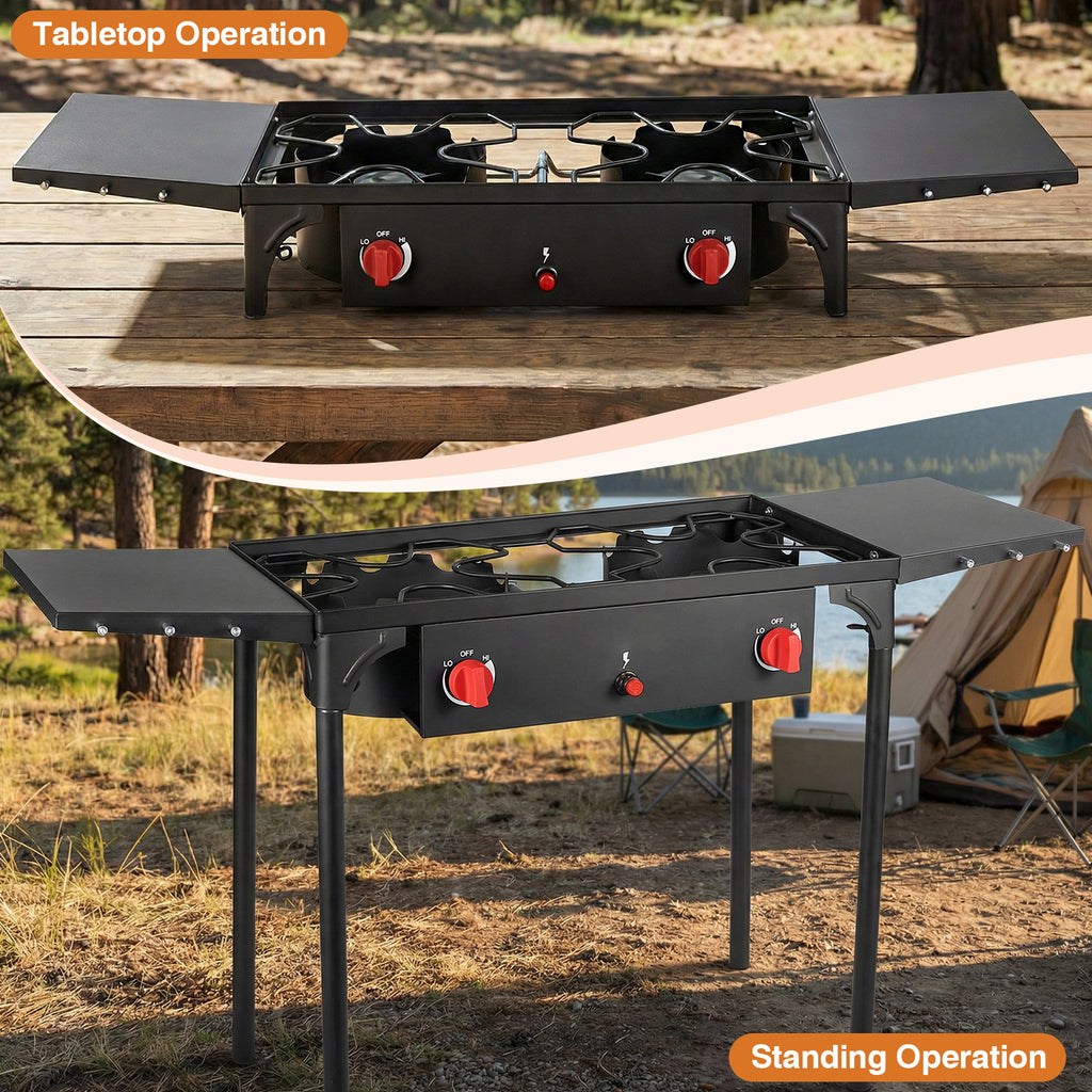 SIXDAY 2-Burner Propane Gas Outdoor Stove with Side Shelves, Auto Ignition, Removable Legs & Regulator, 150,000 BTU