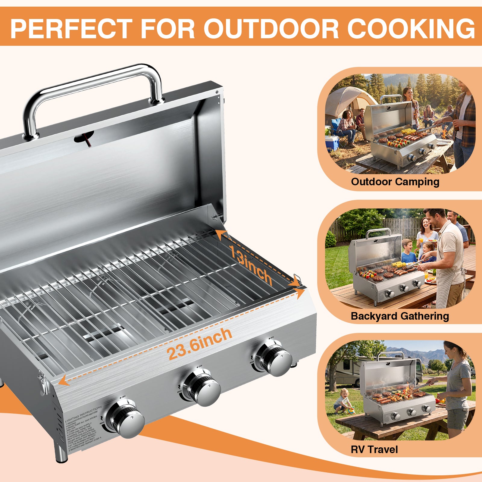 SIXDAY 3-Burner Tabletop Gas Grill, 30,000 BTU Portable Propane Grill with Stainless Steel Knobs & Heavy-Duty Grates