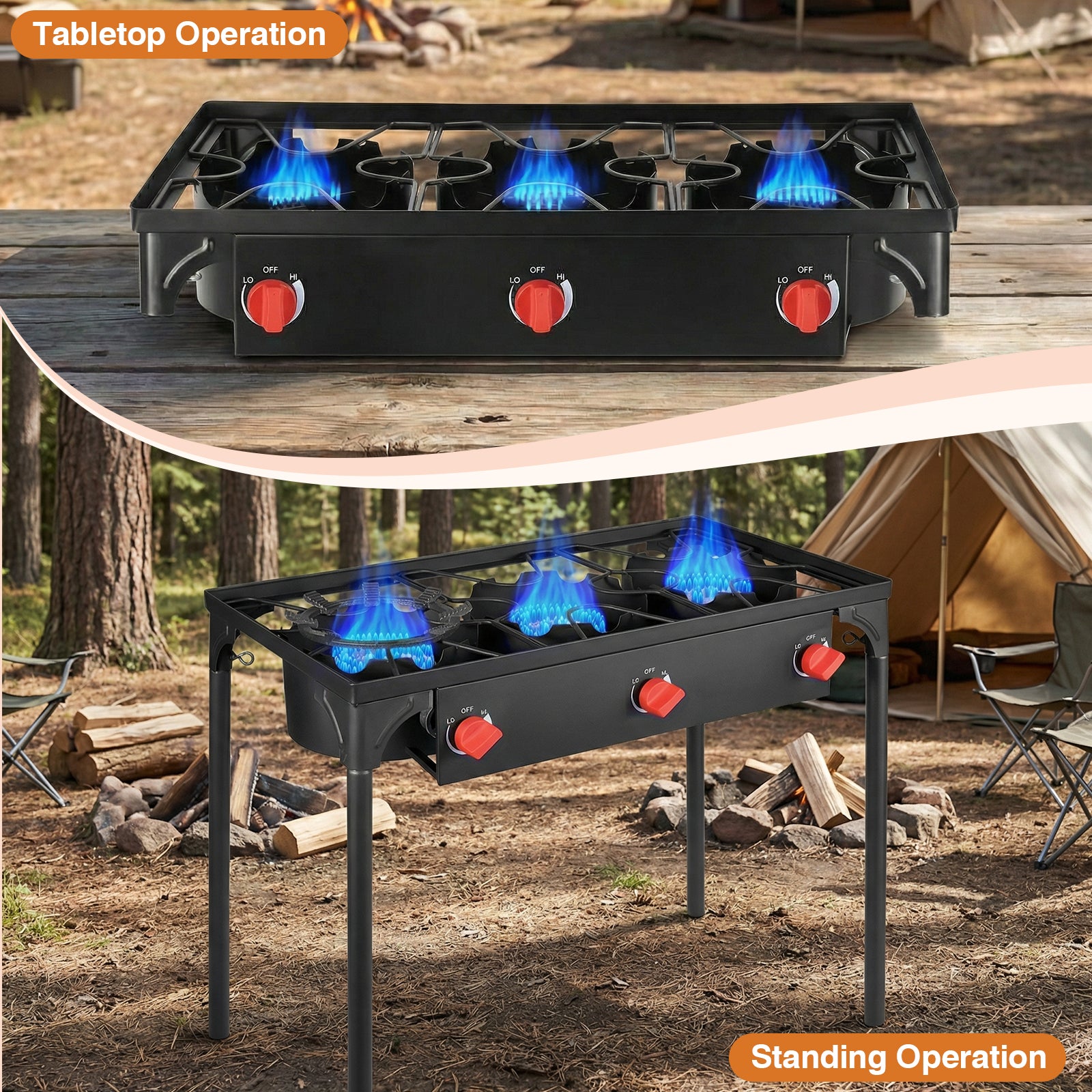 SIXDAY 3-Burner 225,000 BTU Propane Outdoor Stove with Removable Legs and Portable Design for Outdoor Cooking