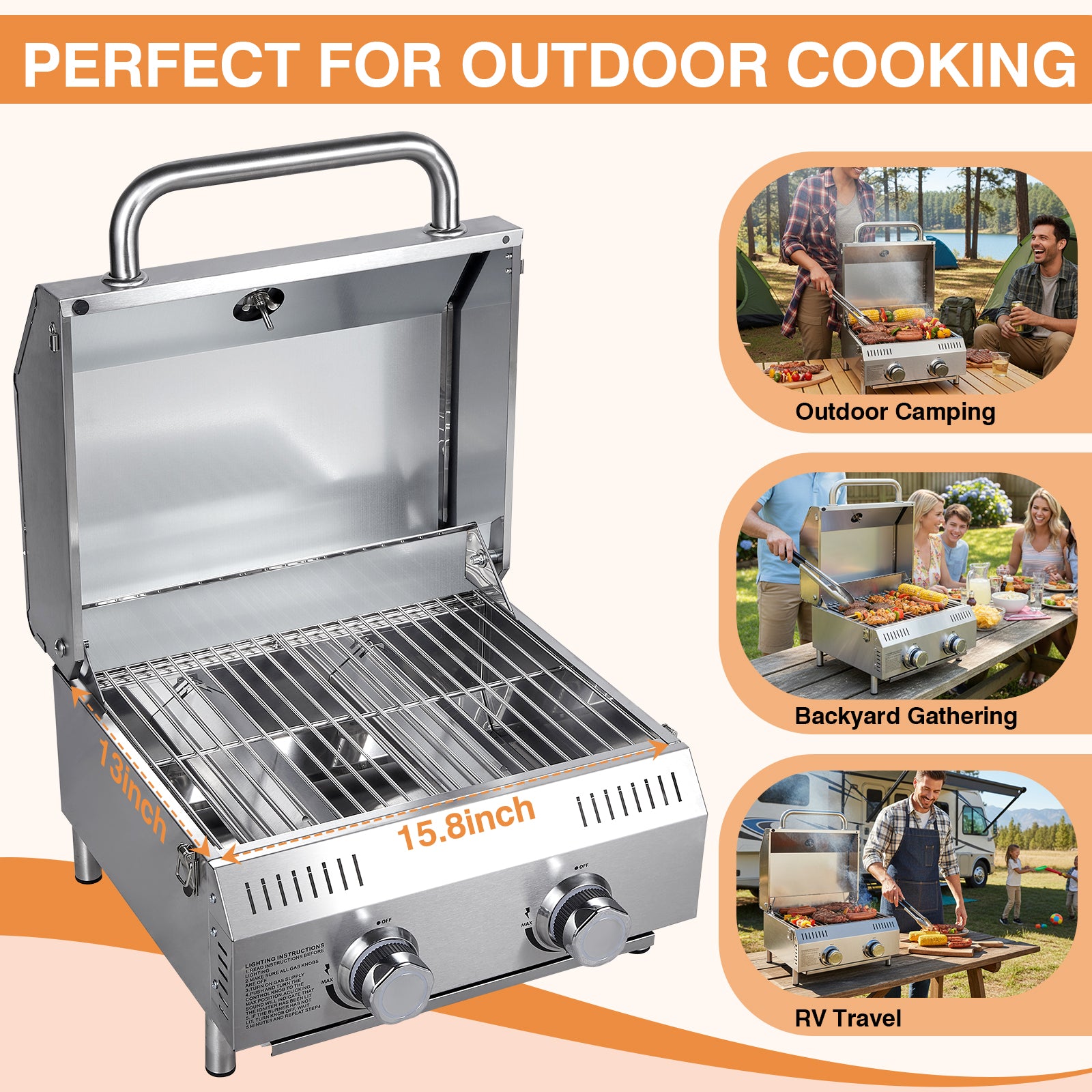 SIXDAY 2-Burner Tabletop Gas Grill, 20,000 BTU Portable Propane Grill with Stainless Steel Knobs & Heavy-Duty Grates