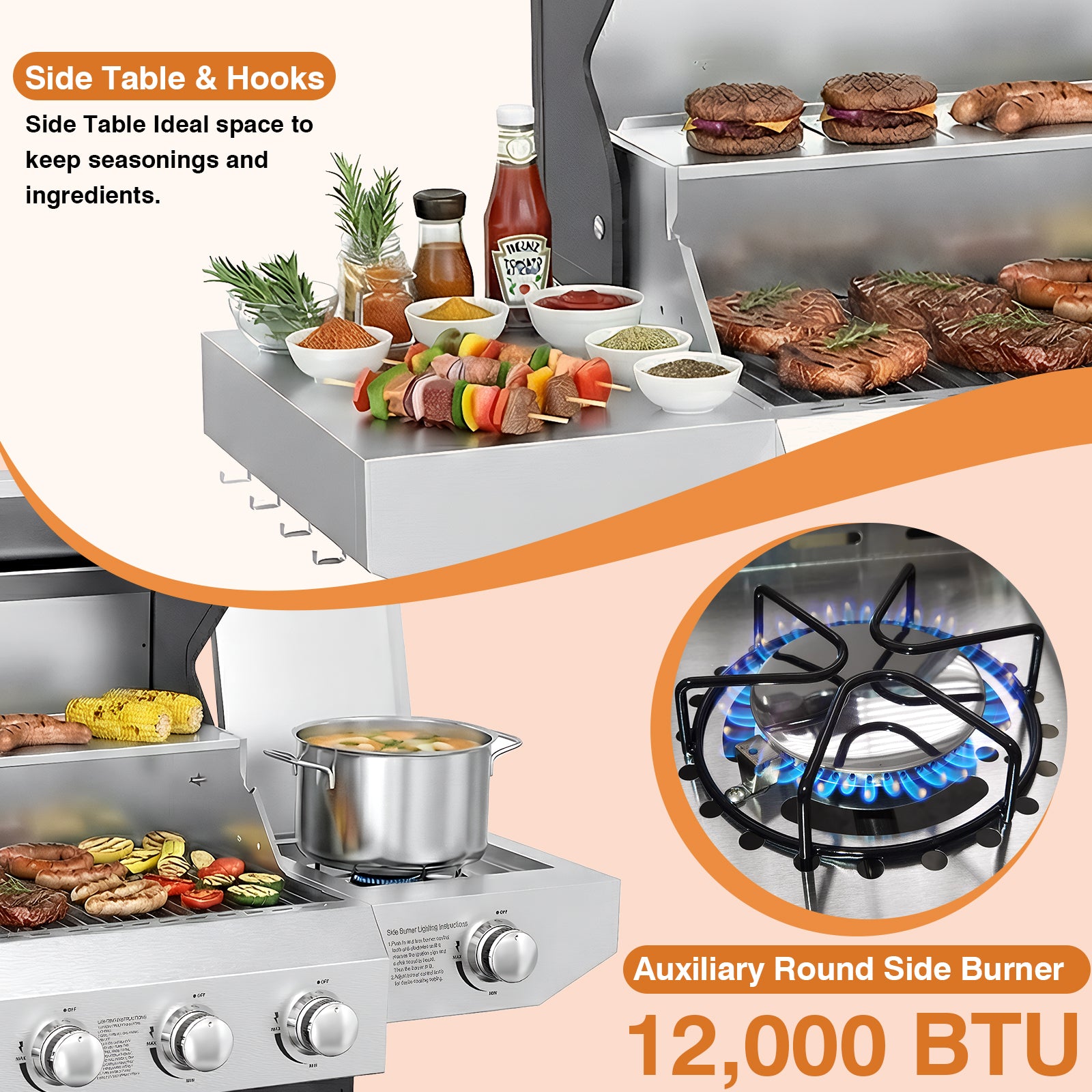 SIXDAY 4-Burner Gas Grill with Side Burner, 60,000 BTU Stainless Steel Propane BBQ Grill, Outdoor Flat Top Grill with Wheels and Side Shelves (No ratings yet)