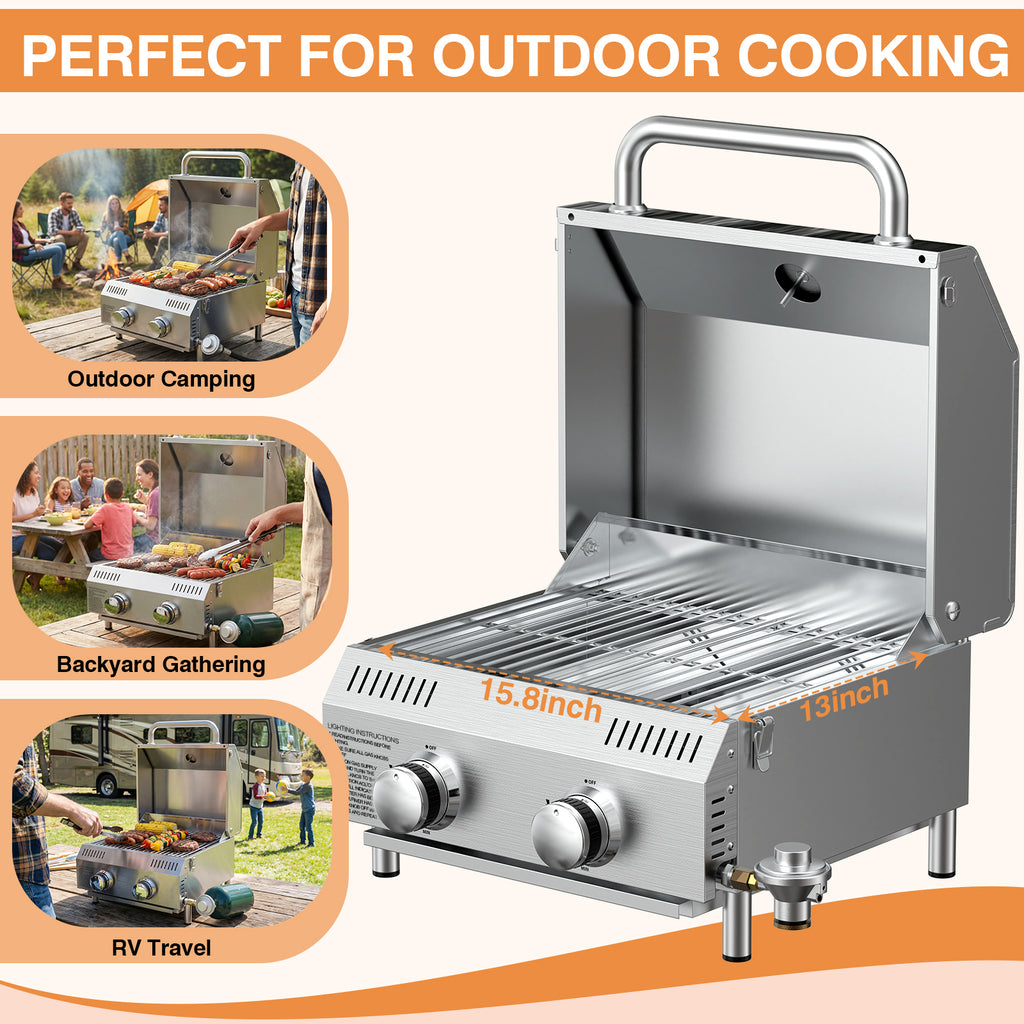 SIXDAY 2-Burner Propane Gas Grill, 20,000 BTU Stainless Steel Tabletop BBQ Grill with Dual Fuel Adapter for Outdoor, Camping & RV Cooking