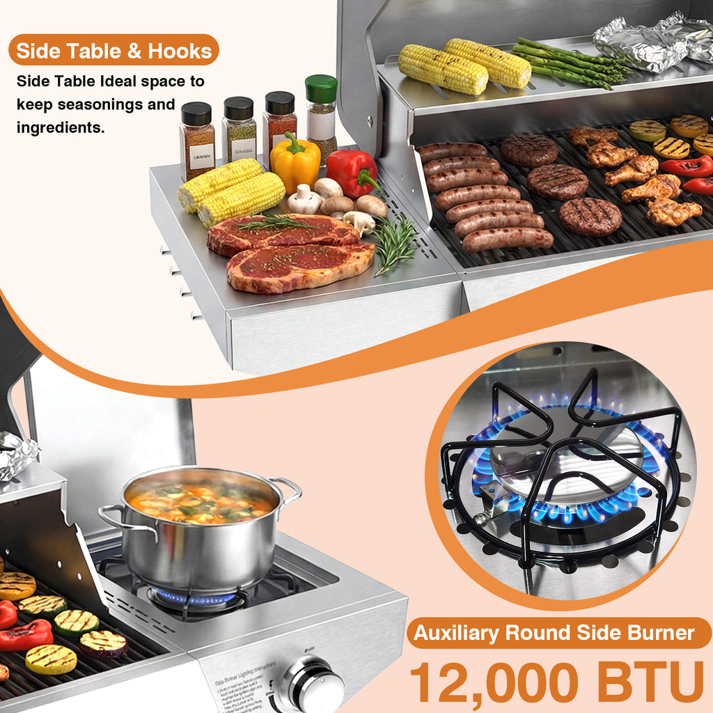 SIXDAY 68,000 BTU 5-Burner Propane Gas Grill with Side Burner, 647 sq.in Cooking Area, Stainless Steel BBQ Grill with Warming Rack and Food Clip