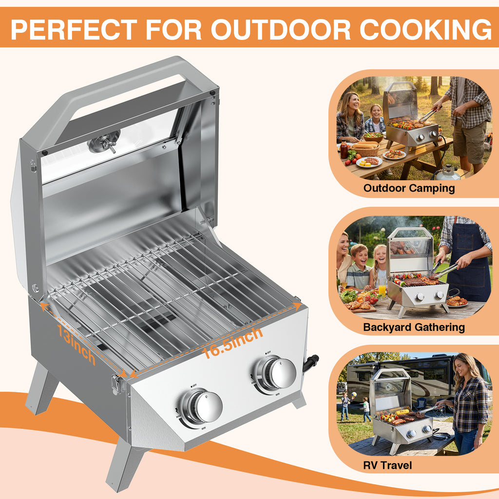 SIXDAY 2-Burner Tabletop Gas Grill with Viewing Glass Lid, 20,000 BTU Portable BBQ Grill with Thermometer and Push-Button Ignition for Camping, RV, Patio, Tailgating