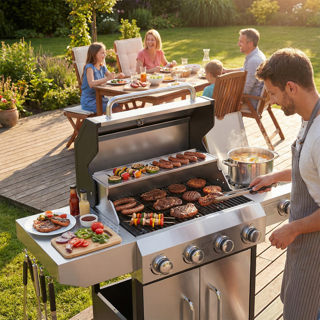 SIXDAY 4-Burner Gas Grill with Side Burner, 60,000 BTU Stainless Steel Propane BBQ Grill, Outdoor Flat Top Grill with Wheels and Side Shelves (No ratings yet)