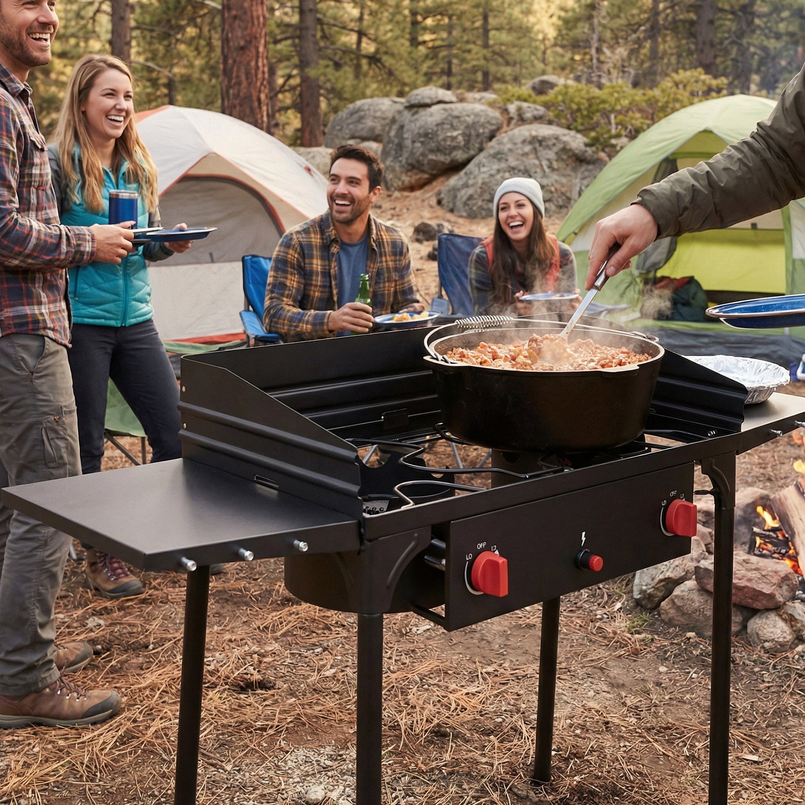 SIXDAY 2 Burner Gas Stove with Wind Panel & Side Sleeve, 150,000 BTU, Removable Legs & Auto Ignition Button, Carrying Bag