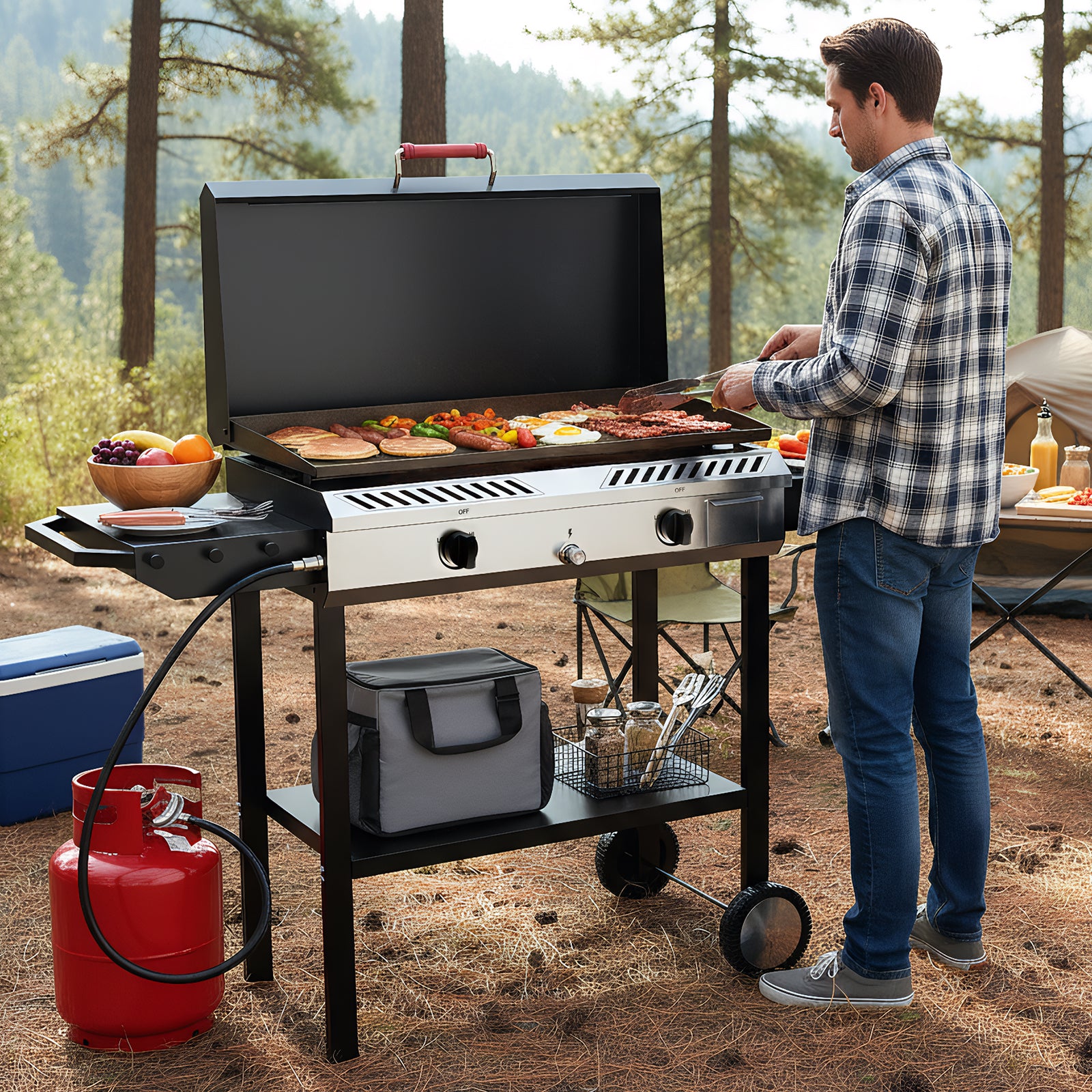 SIXDAY 2 Burner Gas Stove with Griddle, 150,000 BTU Propane Stove with High-Pressure Cast Iron Burners, Regulator