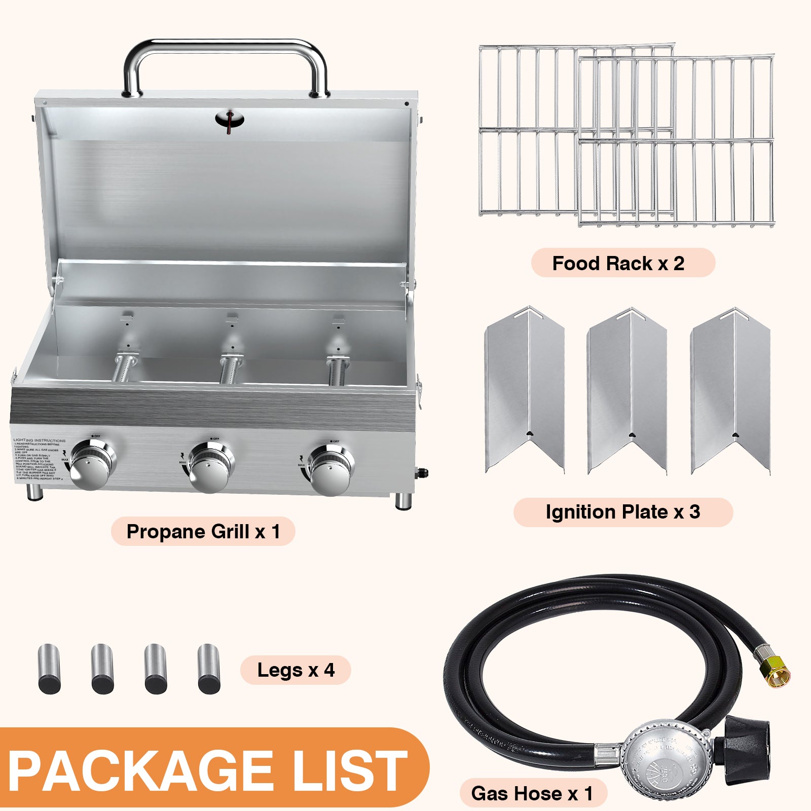 SIXDAY 3-Burner Tabletop Gas Grill, 30,000 BTU Portable Propane Grill with Stainless Steel Knobs & Heavy-Duty Grates
