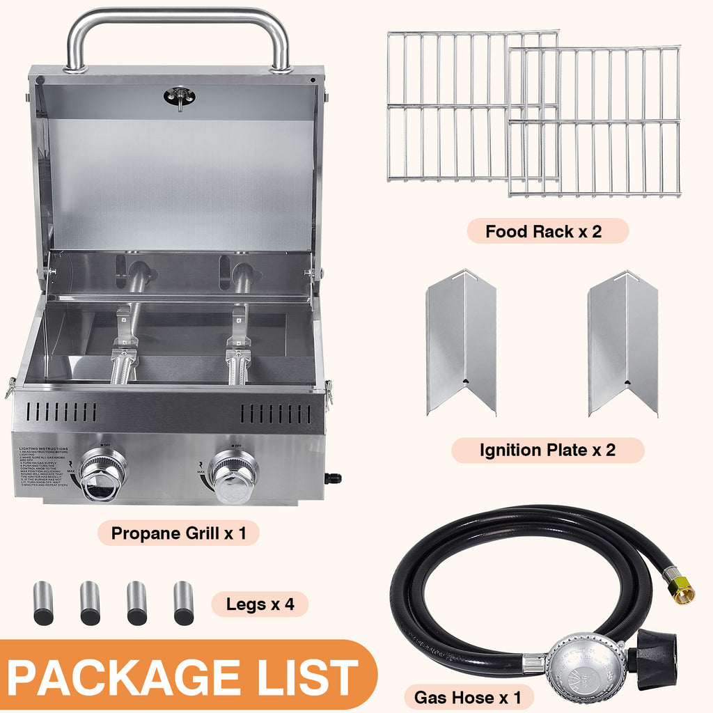 SIXDAY 2-Burner Tabletop Gas Grill, 20,000 BTU Portable Propane Grill with Stainless Steel Knobs & Heavy-Duty Grates