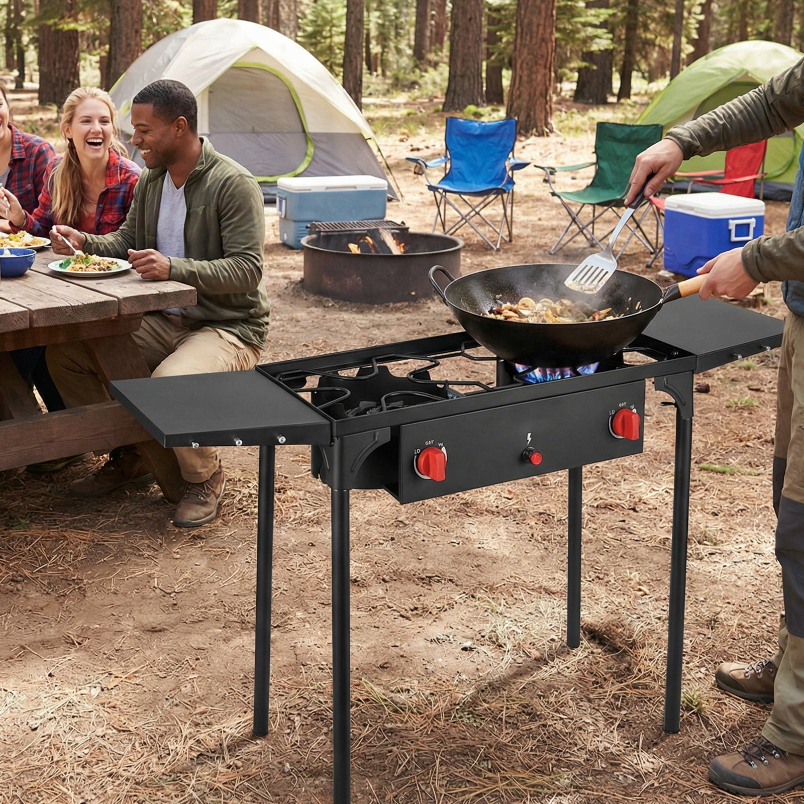 SIXDAY 2-Burner Propane Gas Outdoor Stove with Side Shelves, Auto Ignition, Removable Legs & Regulator, 150,000 BTU
