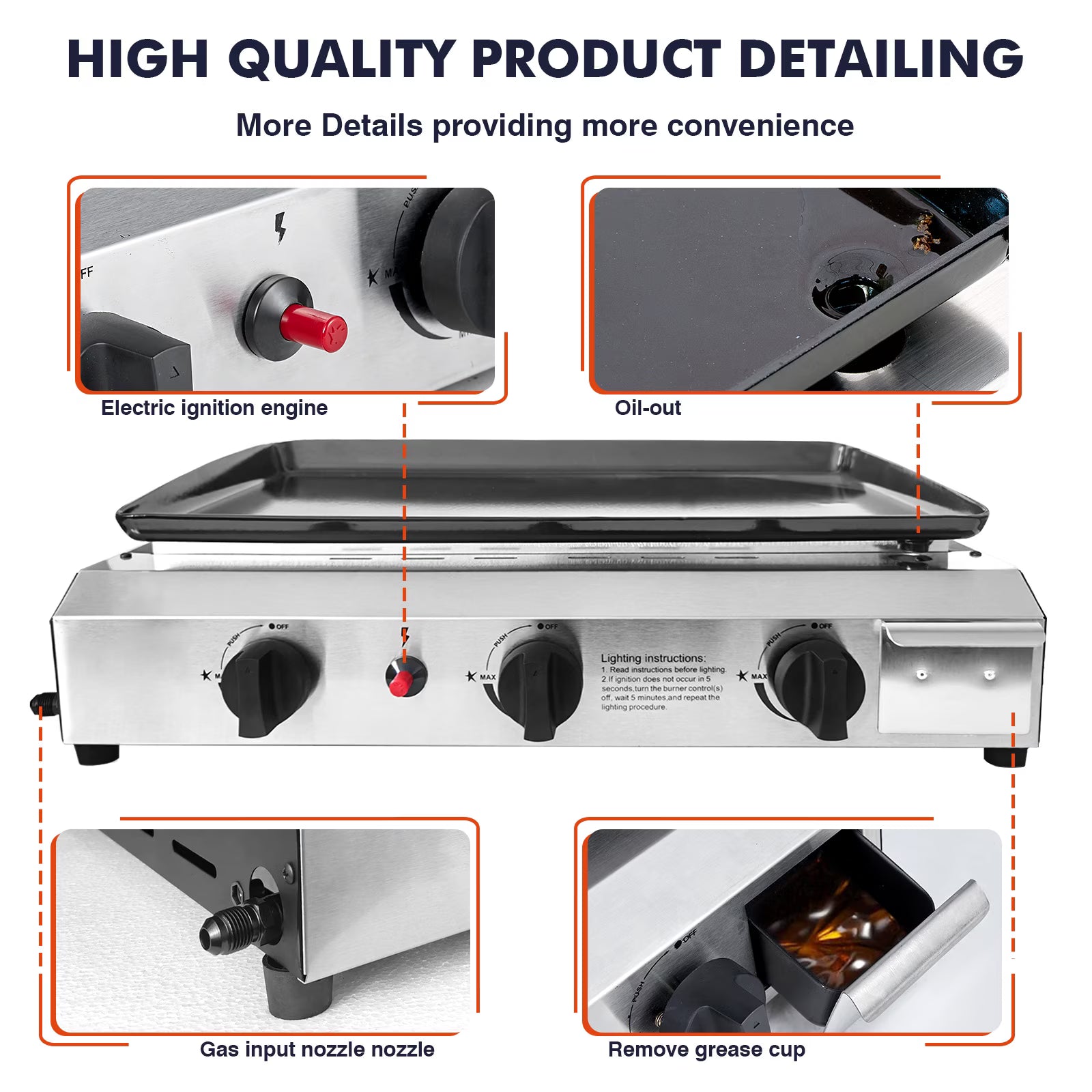 SIXDAY 3 Burner Flat Top Gas Grill, 30,000 BTU Portable Propane Griddle with Auto Ignition, Stainless Steel Body, 319 Sq.in Cooking Surface, Tabletop Grill for Camping, BBQ & Outdoor Cooking